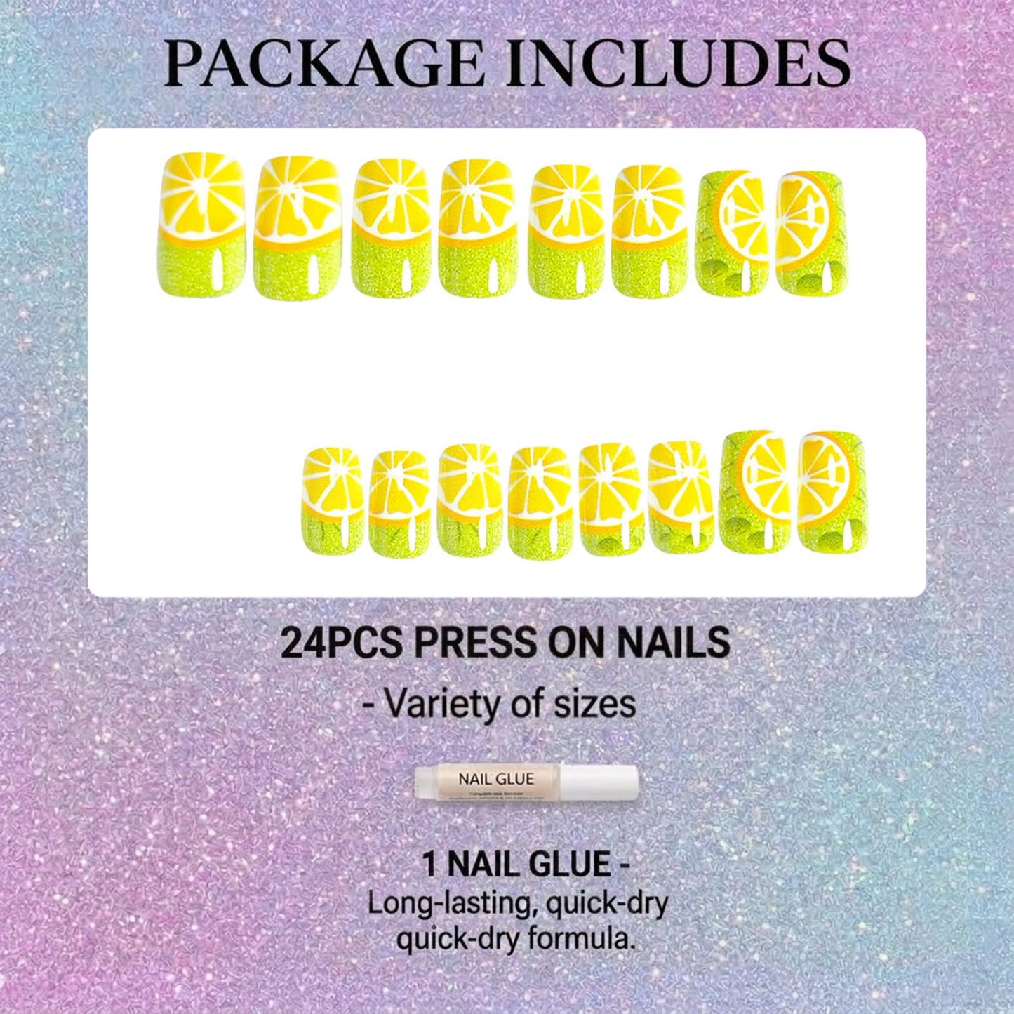 IMSOHOT 24Pcs Press on Nails - Medium Square Fake Nails Yellow Lemon & Green Glitter Fruit Design False Nails Kit for Vacations