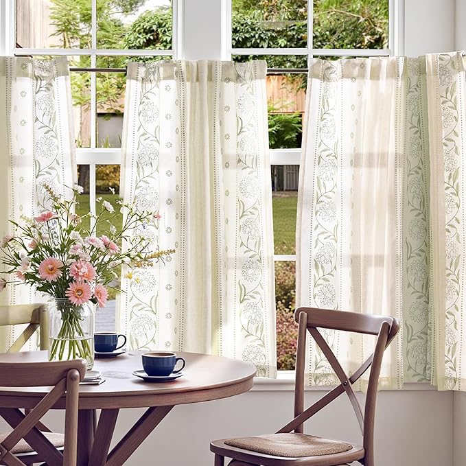 jinchan Winslow Linen Curtains 45 Inch Length Small Window Curtains Embroidered Bordered Floral Drapes Light Filtering for Bathroom Laundry Room Kitchen Farmhouse Decor Sage on Beige 2 Panels
