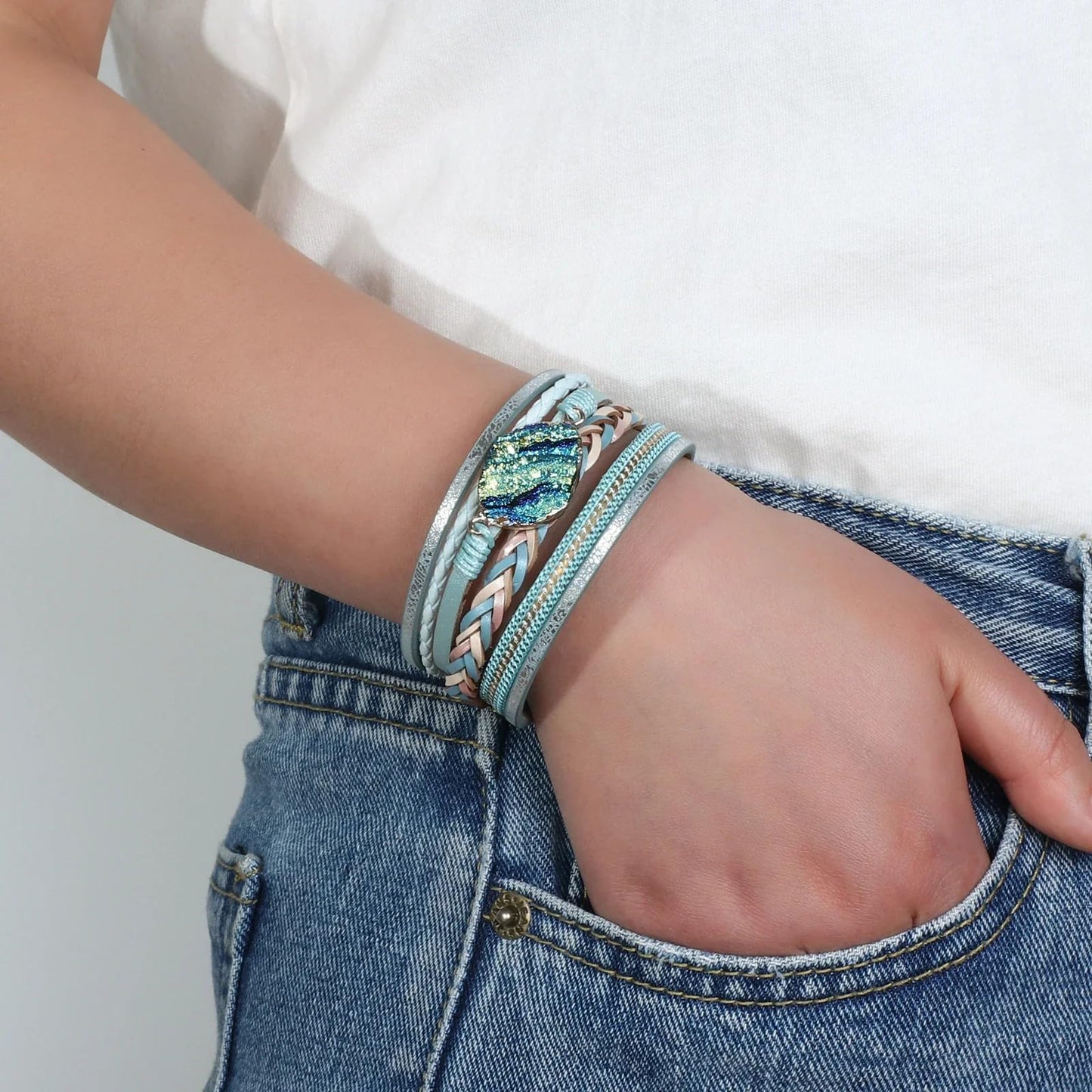 Leopard Bracelet for Women, Boho Leather Wrap Multi-Layer Pearl Crystal Bracelet Bangle Jewelry(Woven Leather(Blue))