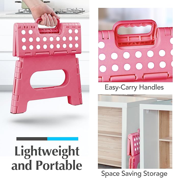 Handy Laundry Folding Lightweight Step Stool - Sturdy Enough to Support Adults and Safe Enough for Kids - Opens Easy with One Flip - Great for Kitchen, Bathroom or Bedroom (Pink - 9 Inch)