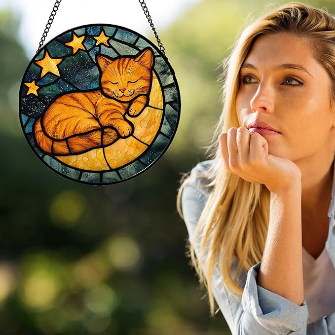 AMDERVEN Stained Glass Window Hanging - Orange Cat Sun Catcher for Door Home Decor Stars and Moon Suncatcher Christmas Mother's Day Birthday Loss of a Pet Gifts for Women Men Mom Nana 15 in