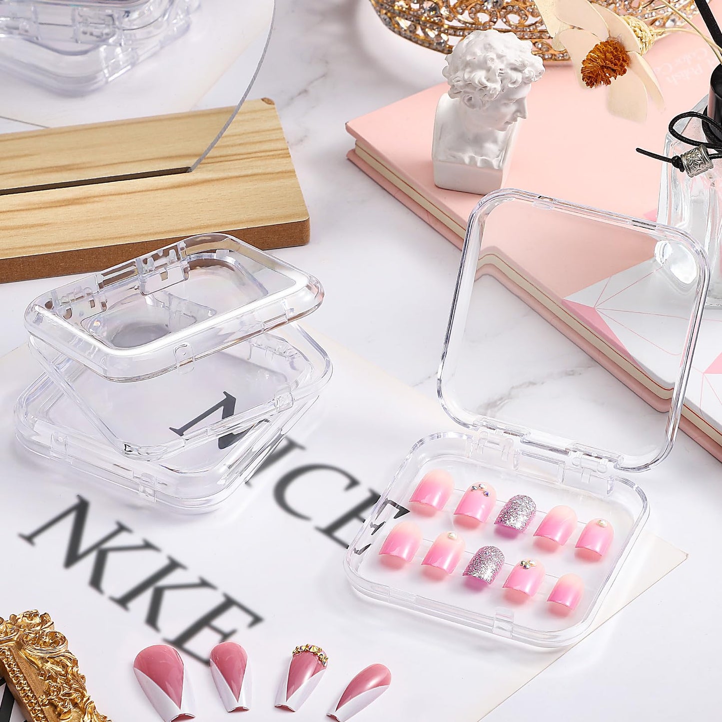 Udefineit 27PCS Press on Nail Boxes with 5M Nail Tape, Clear Acrylic Nail Display Box for Storage Nail Tips Press on Container Plastic Empty Packaging Boxes for Nail Art Home Beauty Salon