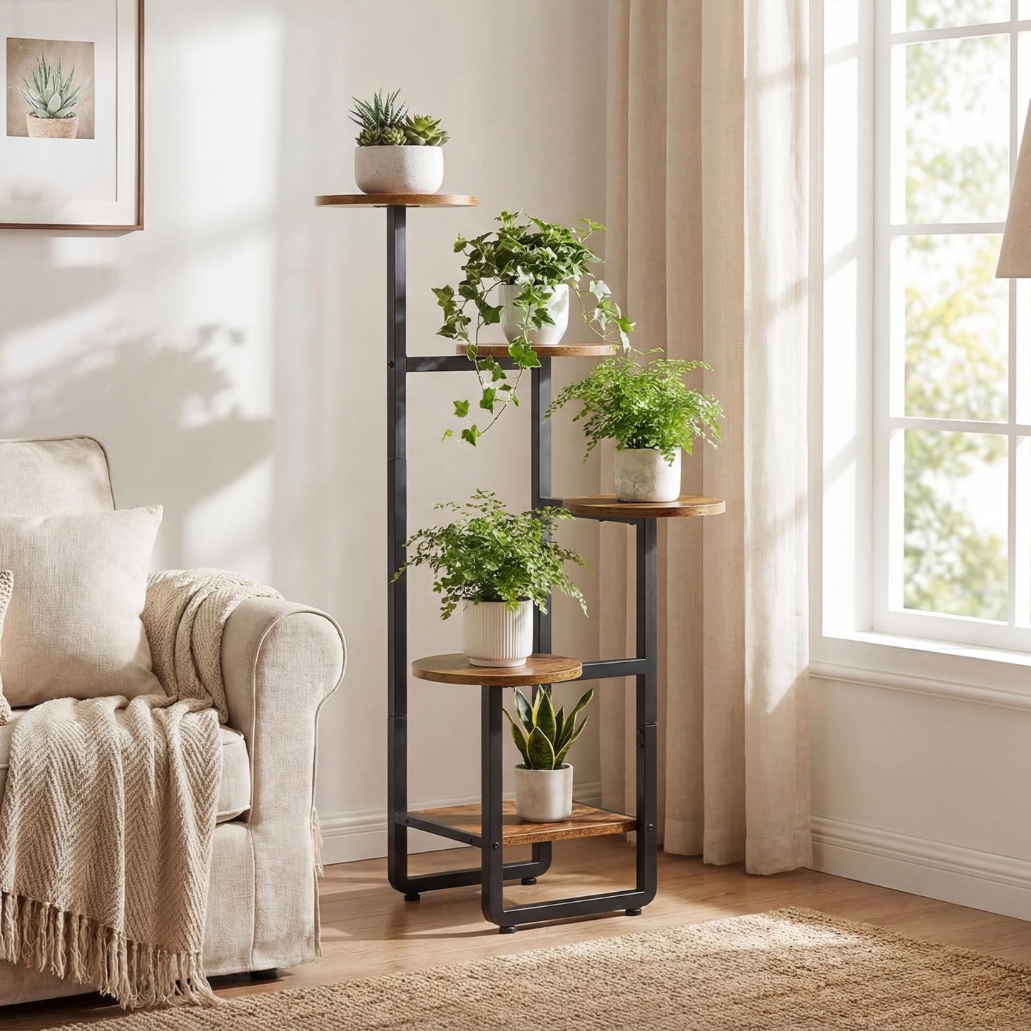 HOOBRO Round Side Table and Plant Stand Bundle, Drink Table with Pedestal Accent for Small Spaces, 5 Tiered Plant Shelf Flower Stand for Multiple Indoor Plants, BF168BZ01-BF07HJ01
