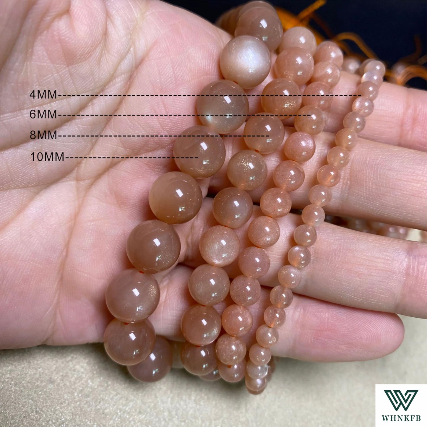 WHNKFB 10mm 50PCS Natural Peach Moonstone Round Beads, Smooth Polished Loose Gemstone Beads for Jewelry Making Craft - 4mm 6mm 8mm 10mm Options with Free Elastic Cord