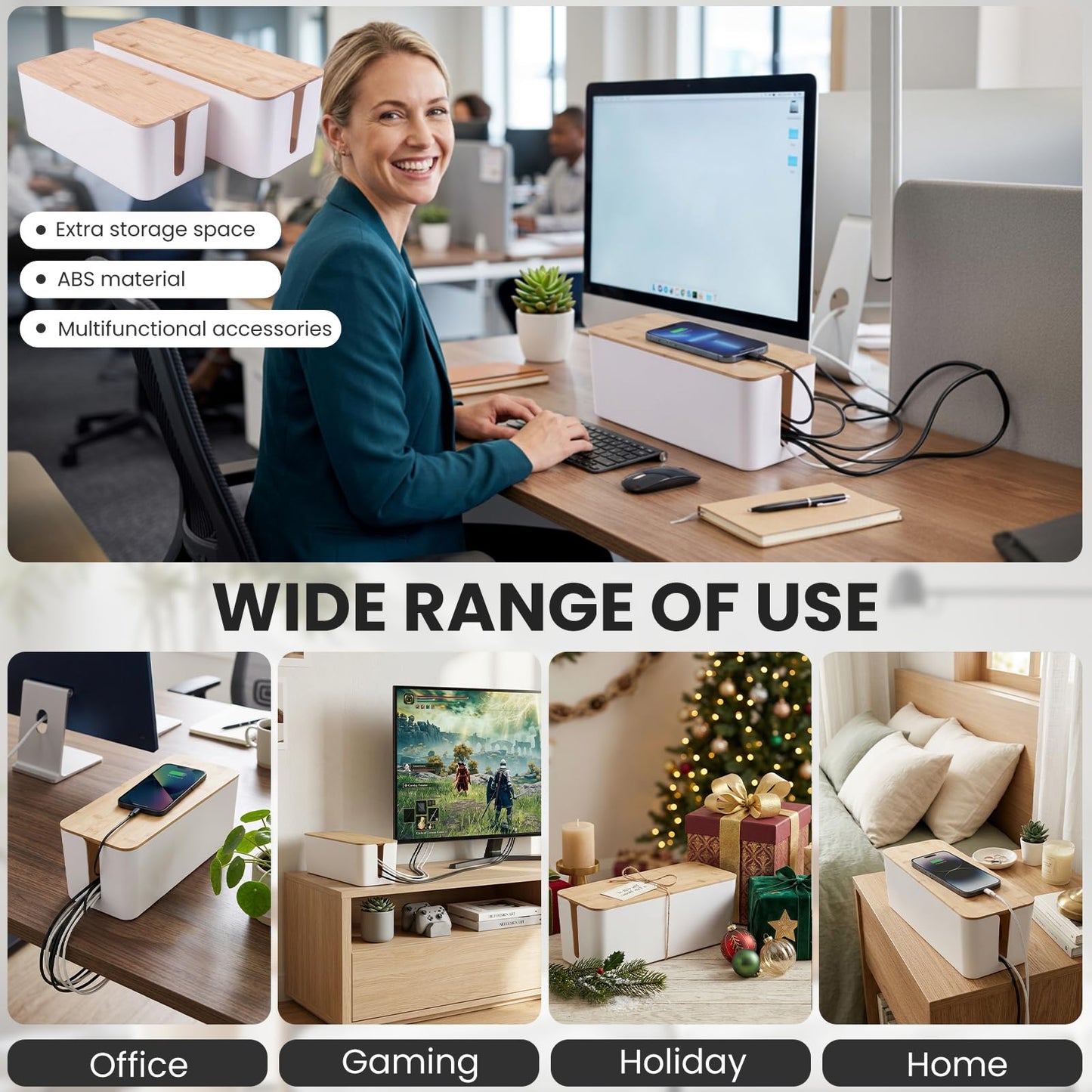 2 Pack Cable Management Box - Cord Organizer Box with Wooden Lid for TV Wires, Power Strips, Router, USB Hub & Under Desk Power: Baby & Pet Proof Cord Management, Cord Hider for Home & Office (White)