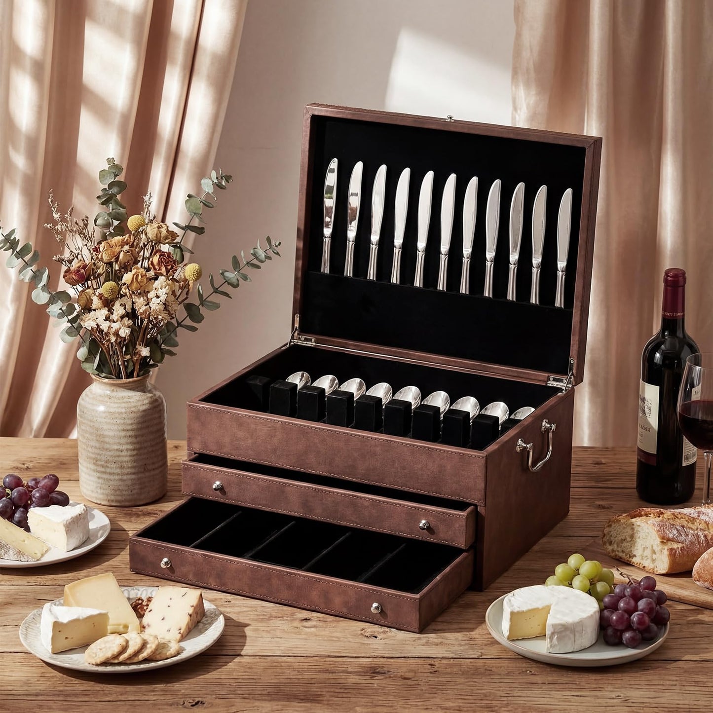 DoubleFill 3 Layer Leather Silverware Storage Box with Lid and Handles, Anti Tarnish Silverware Storage Chest Case with Felt-lined for 12-16 or More Sets of Utensils Flatware Gifts, 15.3x11.2x9 Inch
