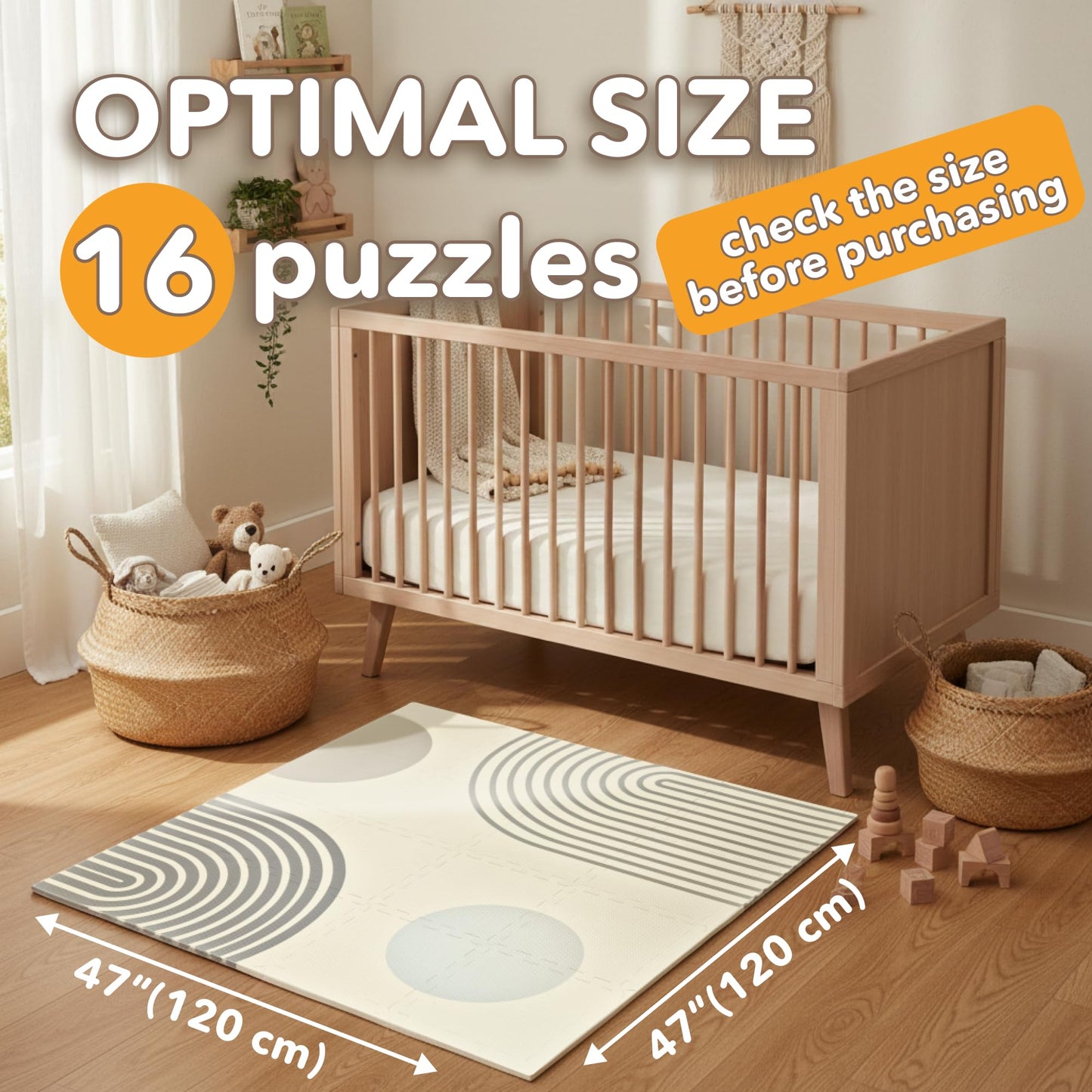 Cateam Baby Play Mat 47x47 inch – Boho Style Soft EVA Foam Puzzle Tiles for Floor, Toddlers & Kids – Non-Toxic Interlocking Squares for Nursery, Gym & Playroom