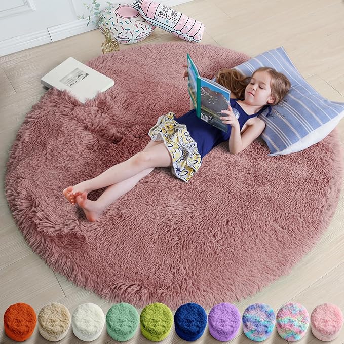 Blush Fluffy Round Rug 5Ft for Bedroom, Fuzzy Plush Circle Area Rugs for Baby Kids Room Decor Aesthetic, Shaggy Circular Carpet for Teen Girls Nursery Dorm Playroom, Cute Dusty Rose Mauve Rug