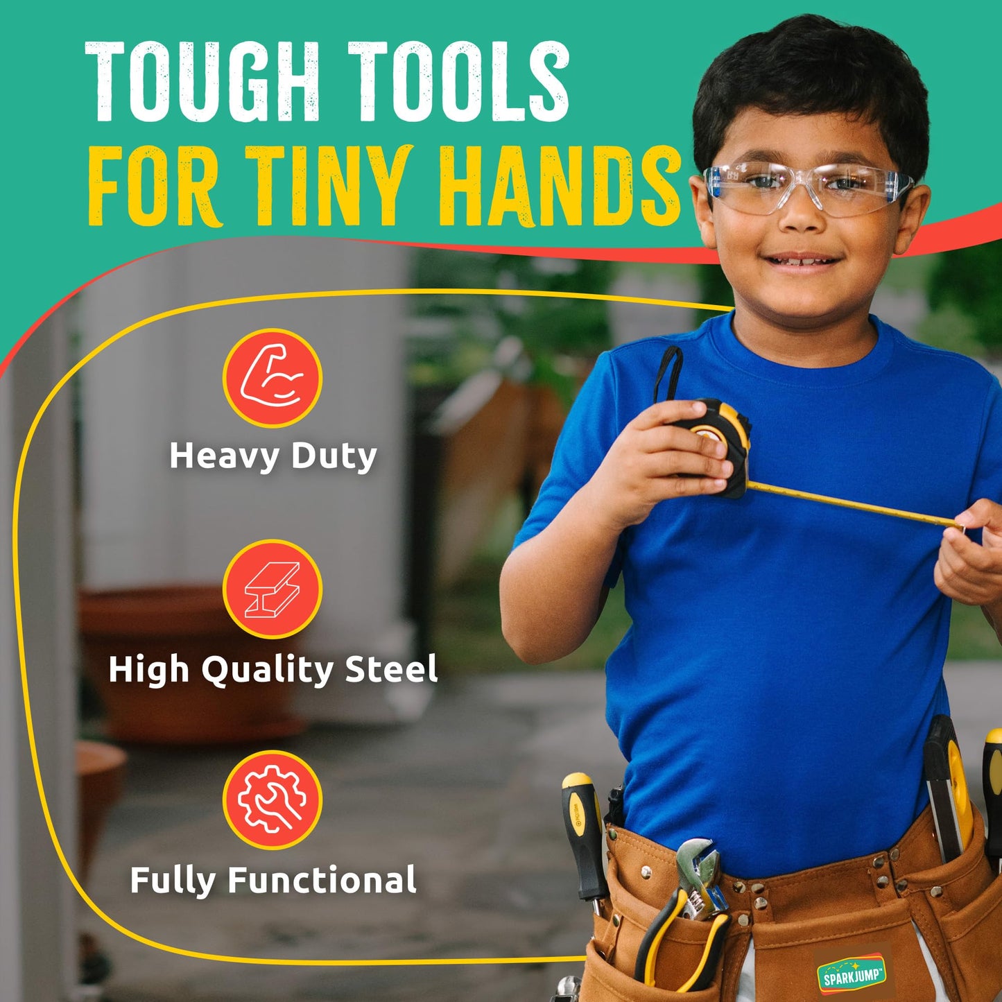 SparkJump Deluxe Kids Tool Set, Real Tools with Tool Belt & Tool Box, Beginner Tool Kit for Boys & Girls Ages 6 & Up, Brown Ultimate Tool Set
