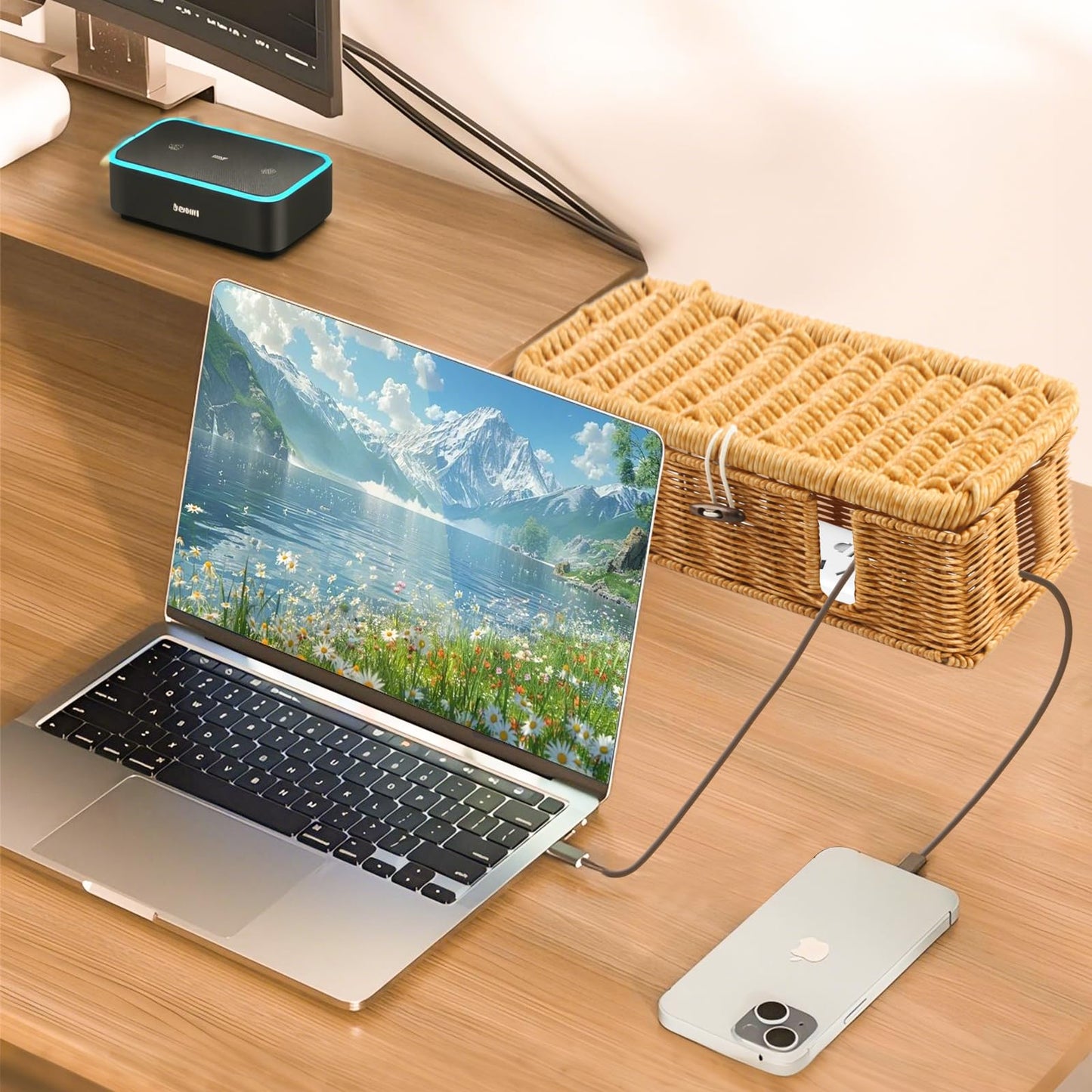 CENELO Cable Management Box - 2 Pack Cord Hider Organizer Boxs - Small & Medium Szie Power Cover Cord Box, Handwoven Rattan Cable Organizer for TV Computer USB Hub Power Strips & Cords