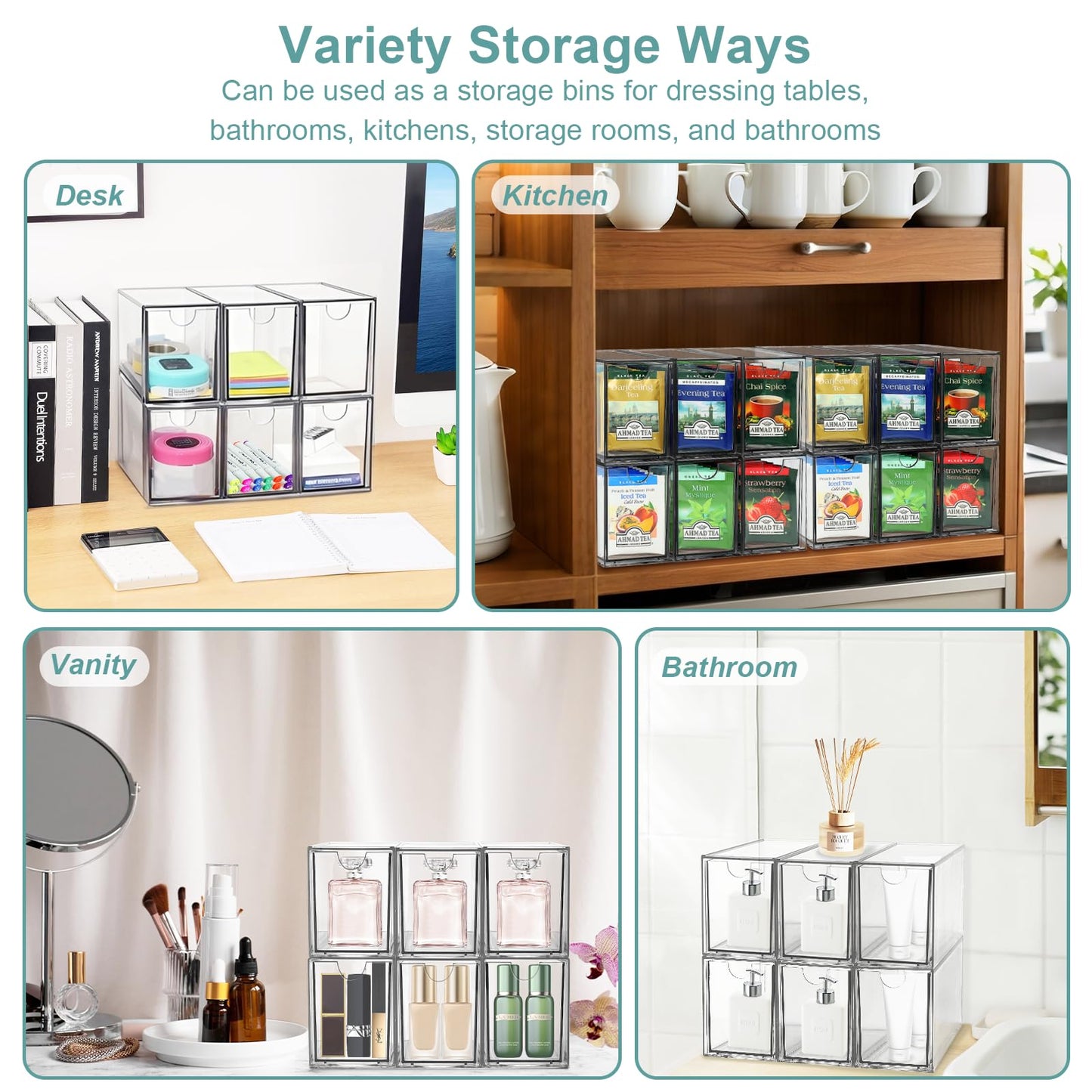 6 Tea Bag Organizer and Storage, Acrylic Tea Bag Holder Organizer, Plastic Tea Drawer Container for Cabinet