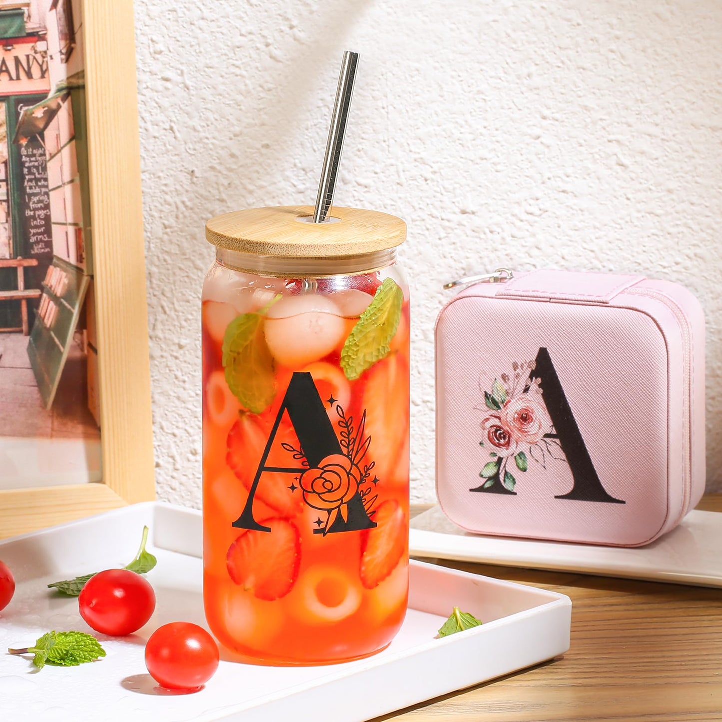AYGXU Jewelry Box & Glass Set, Pink, Personalized Initial, Small Travel Case, Graduation Gift for Girls