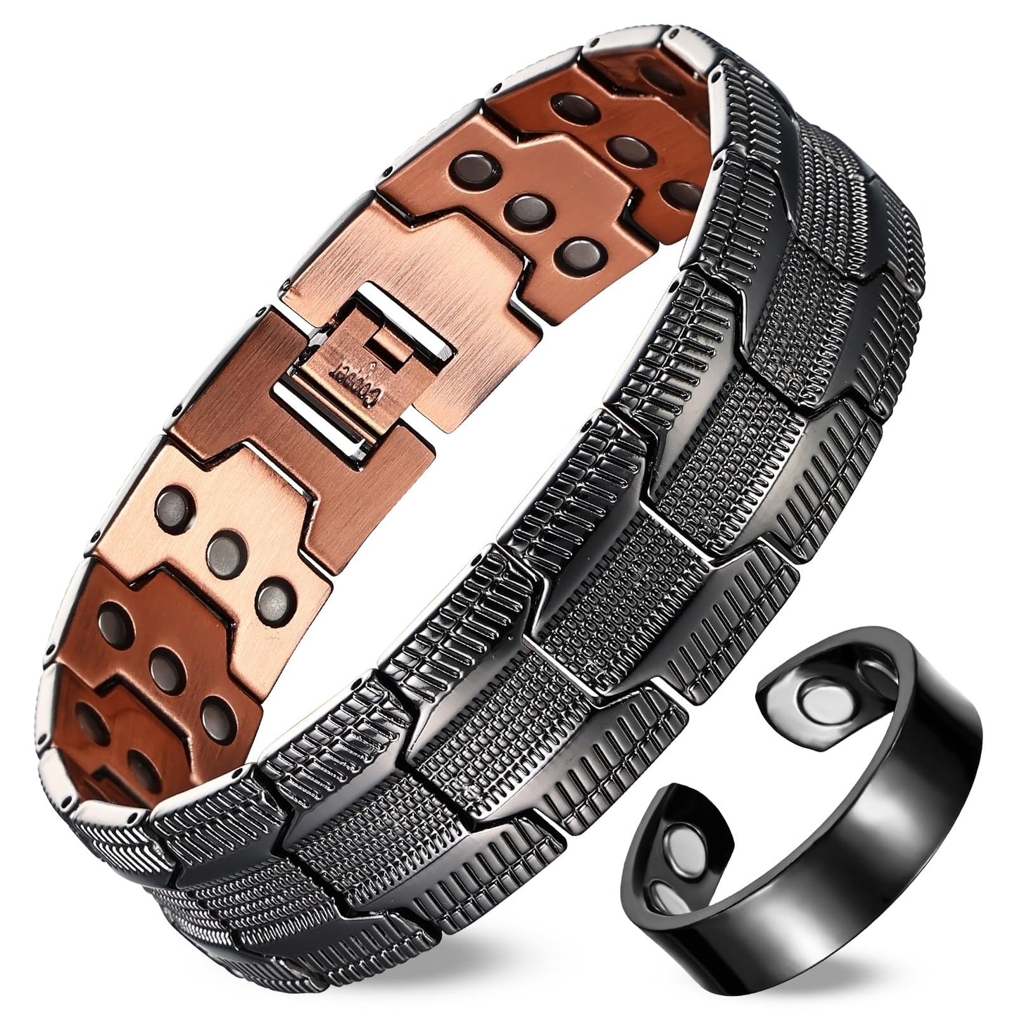Fashtour 3X Copper Bracelet for Men Triple Ultra Strength Magnets, Masculine Design Pure Copper Magnetic Bracelet, Adjustable Length with Sizing Tool (Black2)