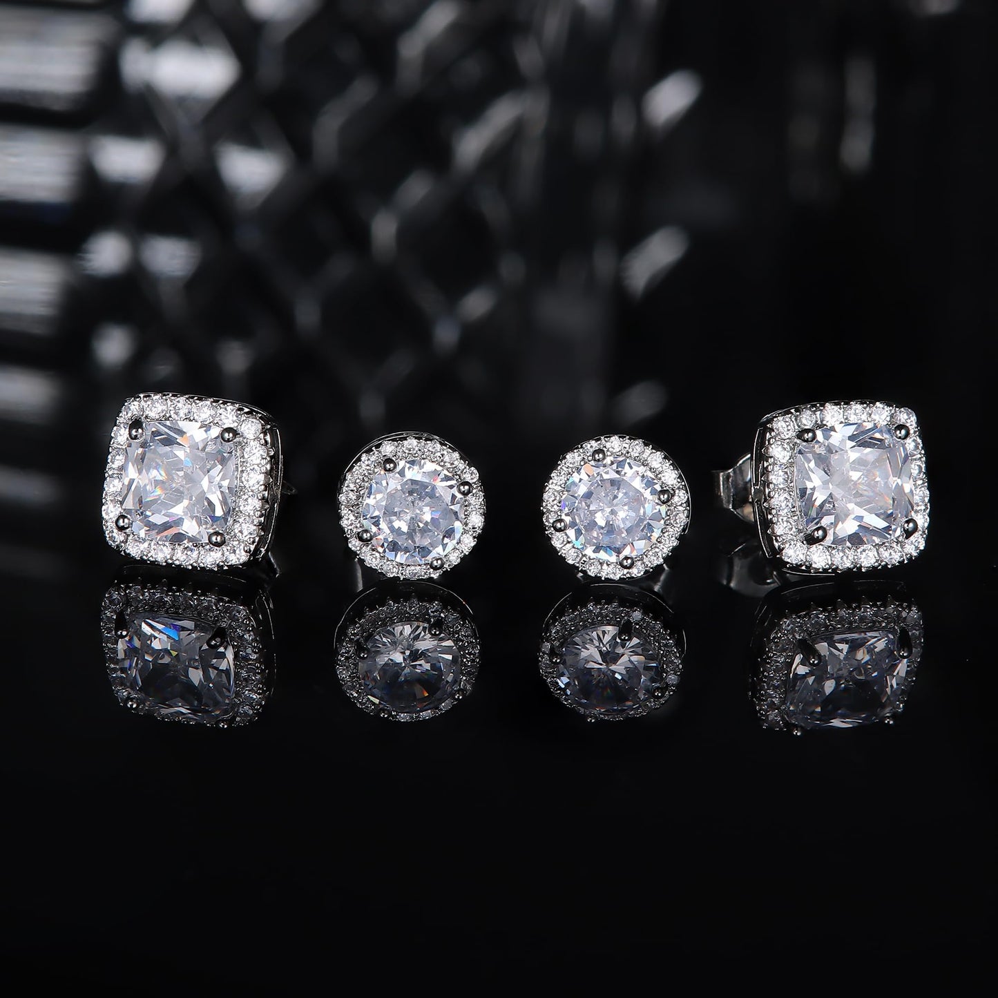 Hayoso 18K Gold Plated Halo Stud Earrings 925 Sterling Silver Cubic Zirconia Stud Earrings Round Square Diamonique Stud Earrings Set for Women Men - Silver