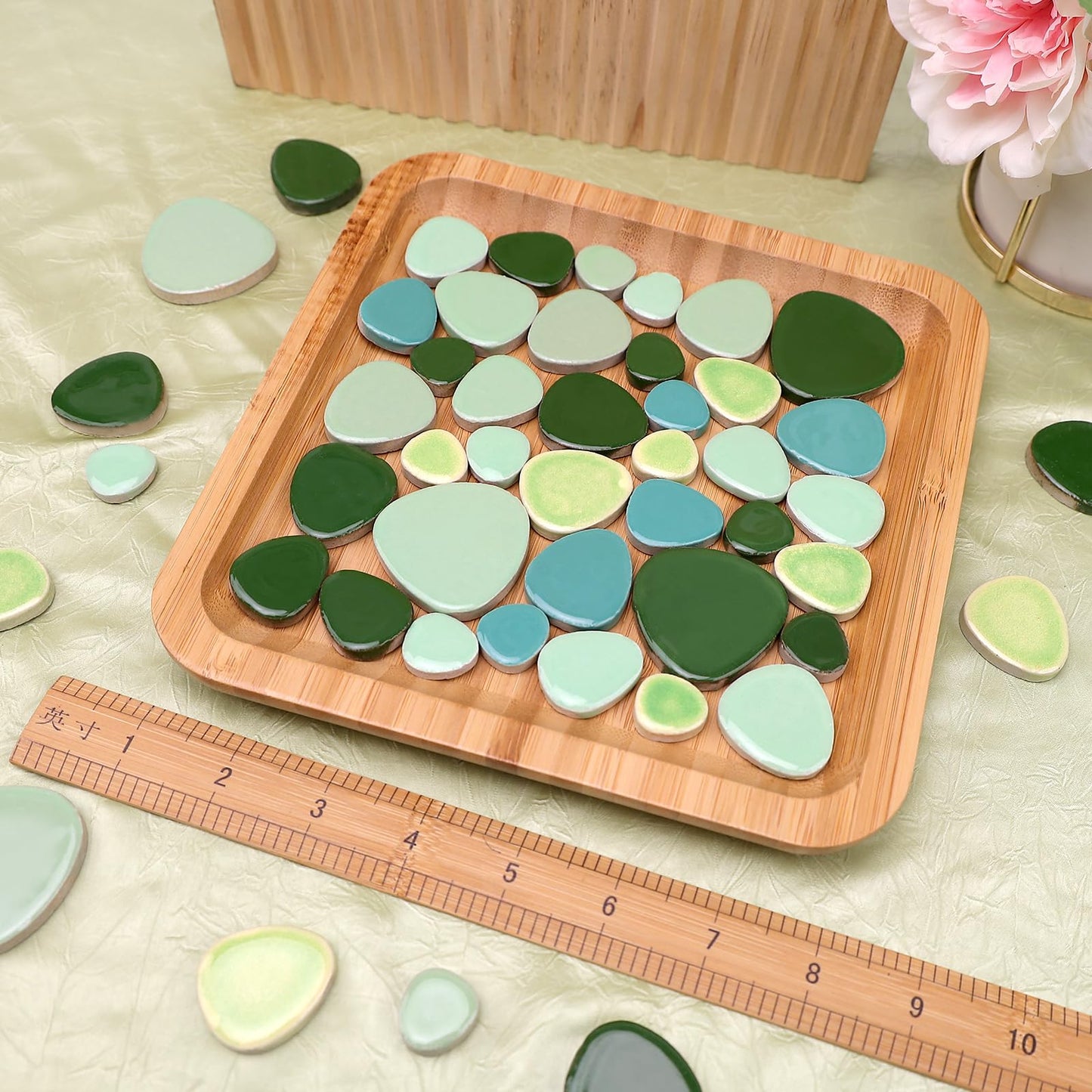 Yatinkim 500g Ceramic Mosaic Tiles Irregular Broken Porcelain Pieces DIY Decoration Green Pebble Oval Crafts Art Projects Glazed Supplies Plates Pool Flowerpots Stone Material