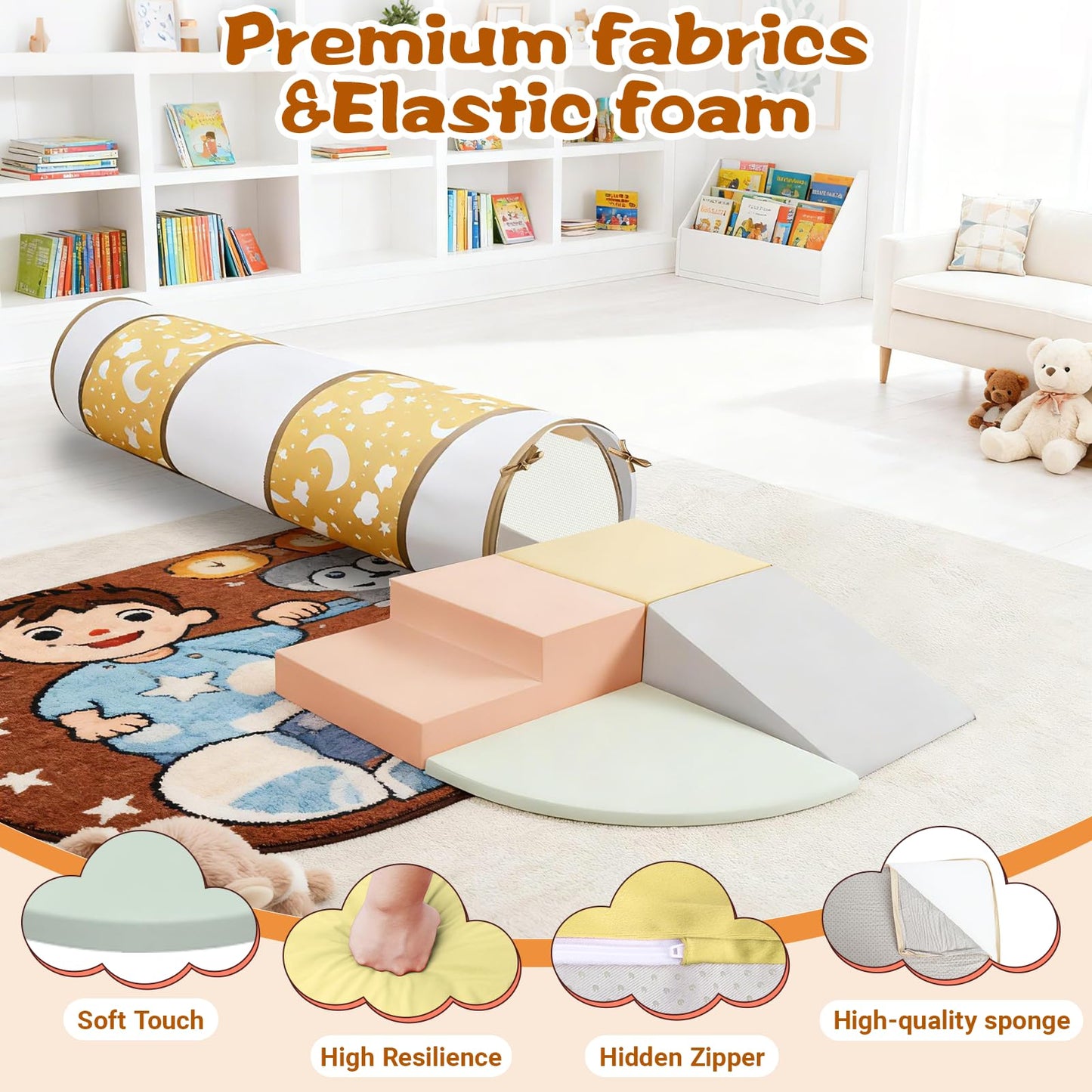 PATAZOK Climbing Toys for Toddlers, 5-Piece Soft Foam Climbing Blocks Set&Crawl Through Tunnel, Toddler Playtime Corner Climber Indoor Foam Play Gym (5-Piece Set&Tunnel)