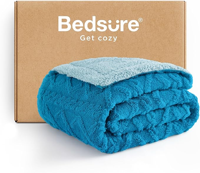 Bedsure Sherpa Fleece Throw Blanket for Couch - GentleSoft Fluffy & Cozy Cable Jacquard Tufted Throw for Women Gift, Thick and Warm Blankets for Winter, Horizon Blue, 50x60 Inches