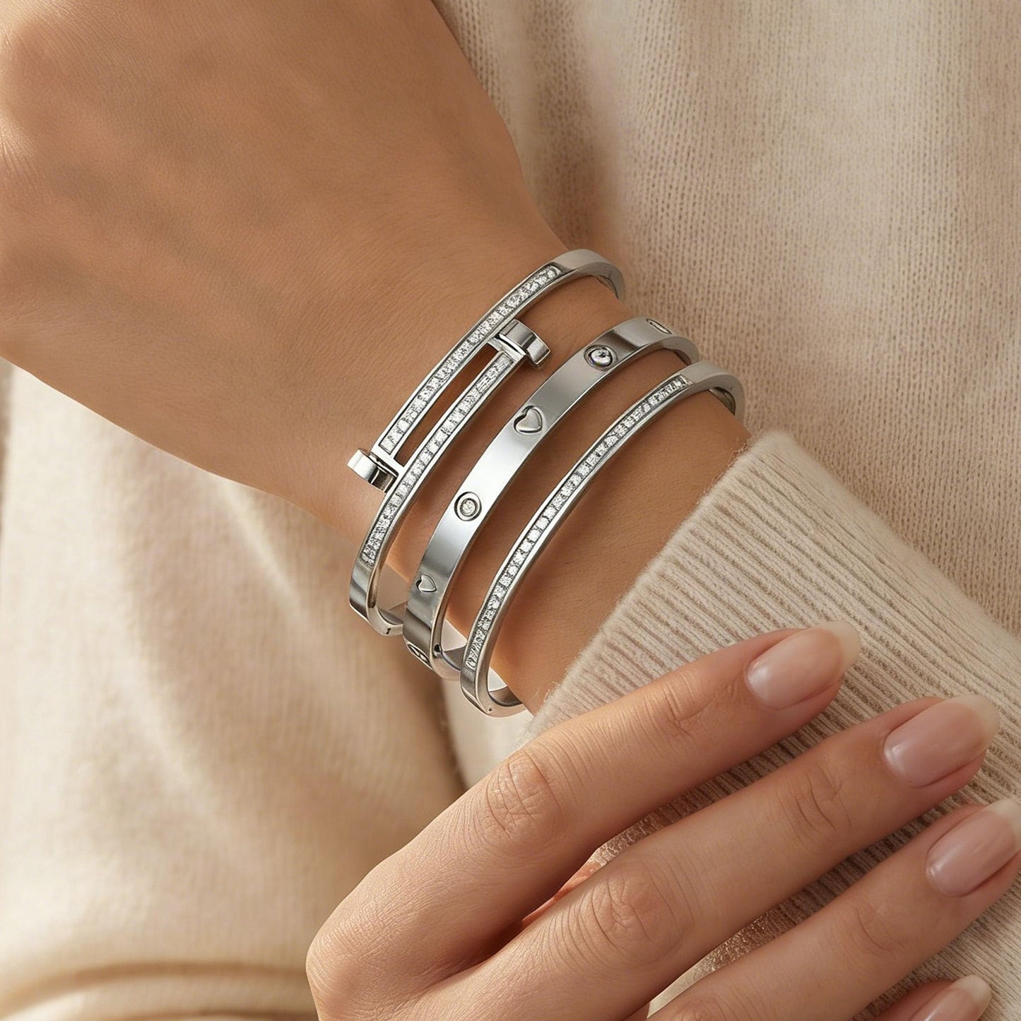 Camhanno Stackable Silver Bracelets for Women Stainless Steel Love & Friendship Bangle, Mothers Day Valentines Birthday Christmas Jewelry Gifts for Mom Her Wife Grandma(Style 15)