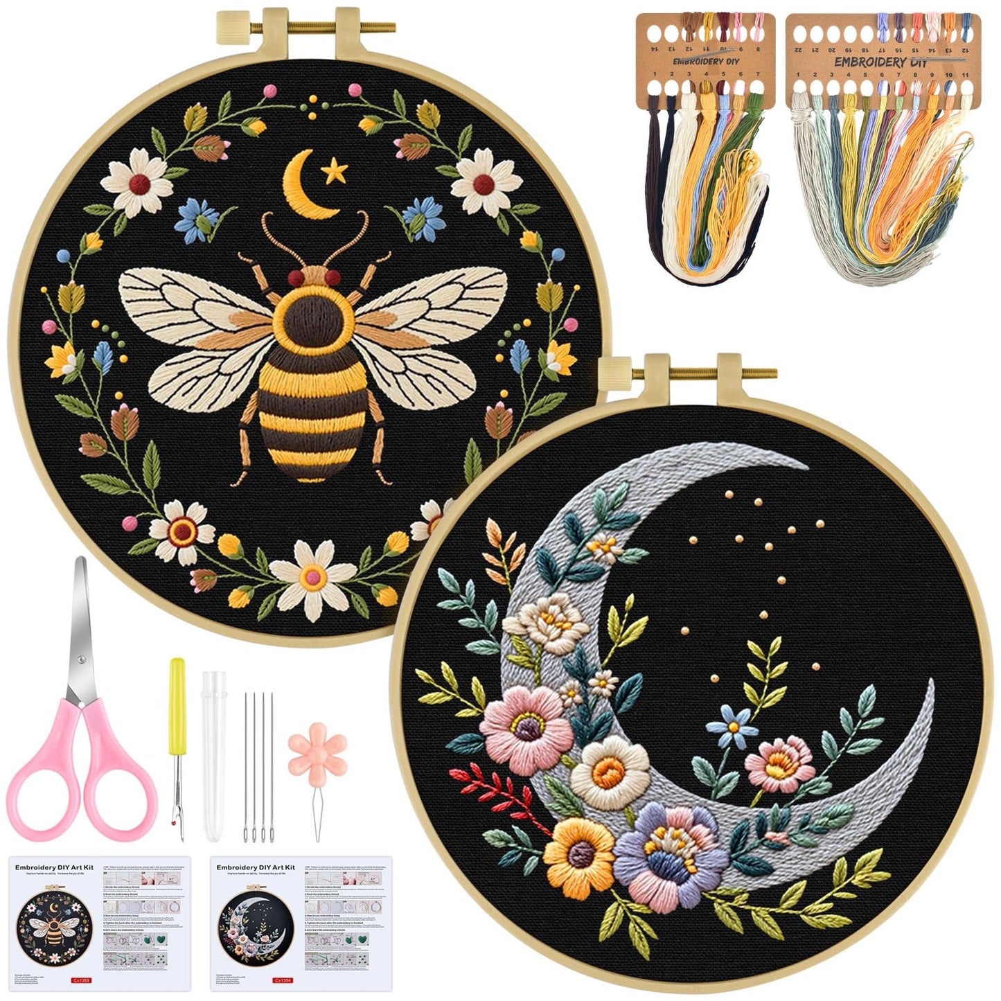 ERKOON Embroidery Kit for Beginners, 2 Set Flower Cross Stitch Set Include Embroidery Cloth Hoops Threads for Craft Lover Hand Stitch with Embroidery Skill Techniques (Bee Moon)