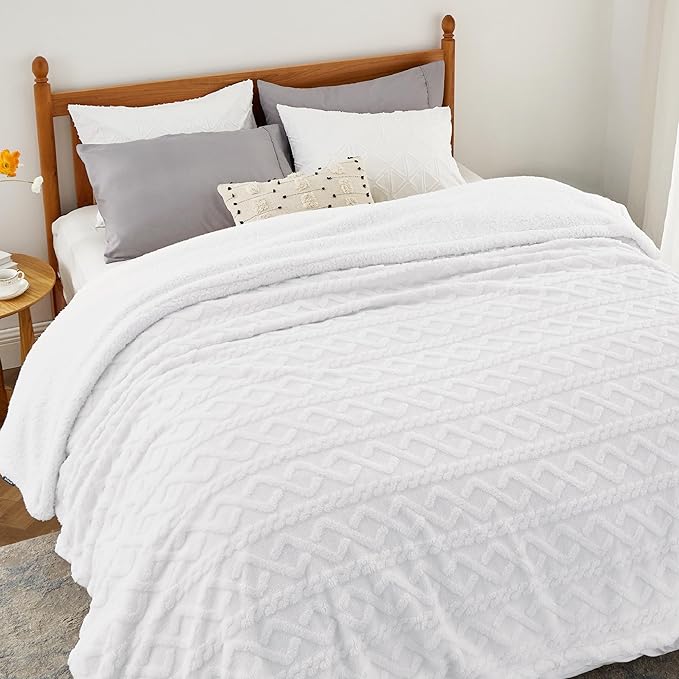 Bedsure Sherpa King Size Blanket for Bed- GentleSoft Fleece Fluffy & Cozy Cable Jacquard Tufted for Women Gift, Thick and Warm Blankets for Winter, White, 108x90 Inches