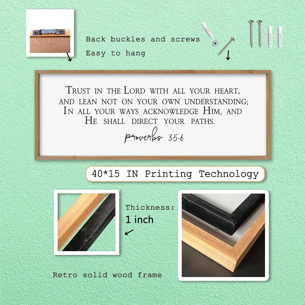 LuZhiQiang Trust in the Lord With All Thine Heart Wall Decor Art 40"×15" Bible Verse Proverbs 3:5-6 Sign Scripture Christian Large Wood Framed Hanging (Wood)