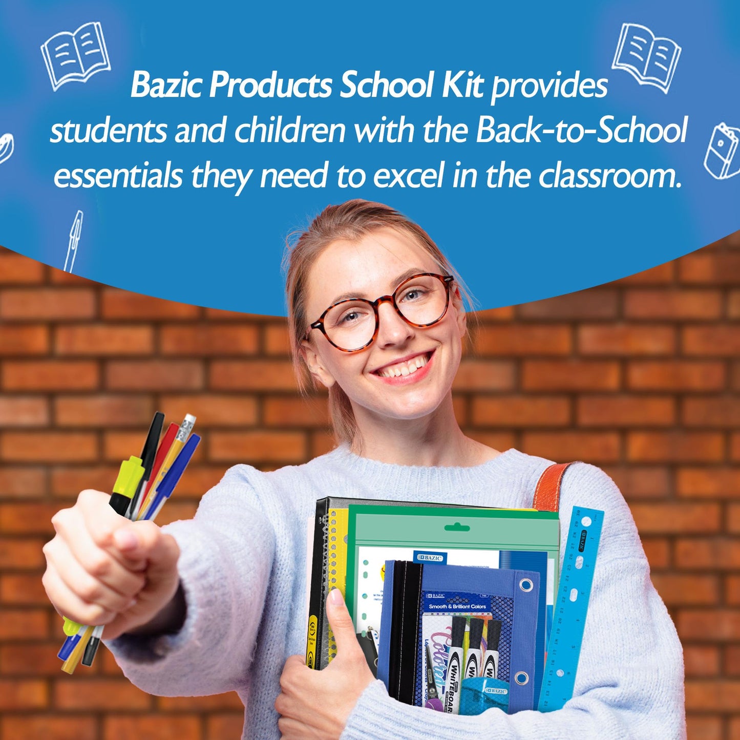 BAZIC PRODUCTS Middle & High School Kit Supply Box, 65-Count Student Set for Grades 7–12, Complete School Supply Kit with Middle School Supplies, Organized Supply Box for Highschool, 1-Pack