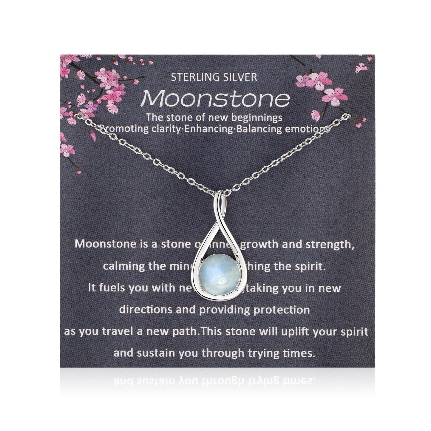 MILEPOSTJEW Sterling Silver Moonstone Necklace, Infinity Pendant with Chain, New Beginnings Gift with White Sage