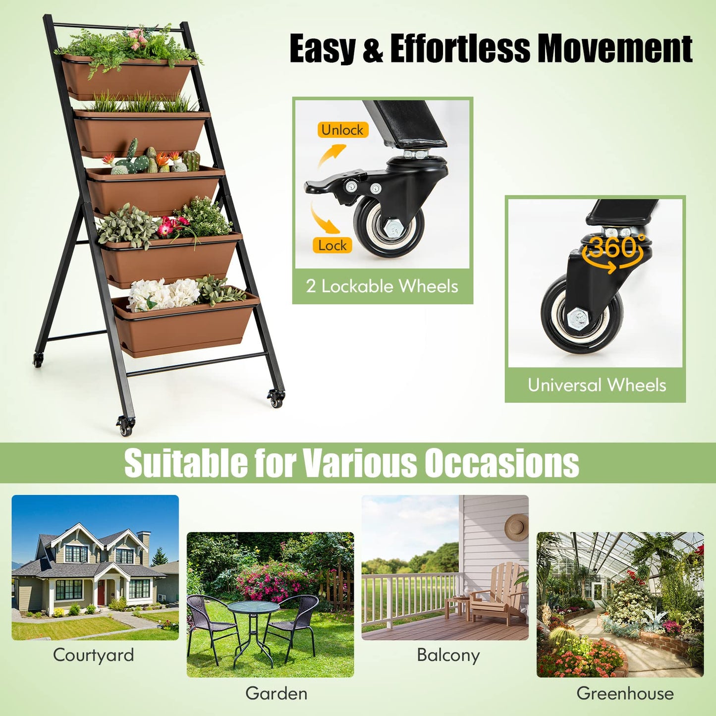 S AFSTAR 5-Tier Vertical Garden Planter, Raised Garden Bed with 2 Lockable Wheels, 6 Removable Planter Boxes, Metal Frame, Indoor Outdoor Elevated Planting Box for Flower Vegetables Fruit Herbs