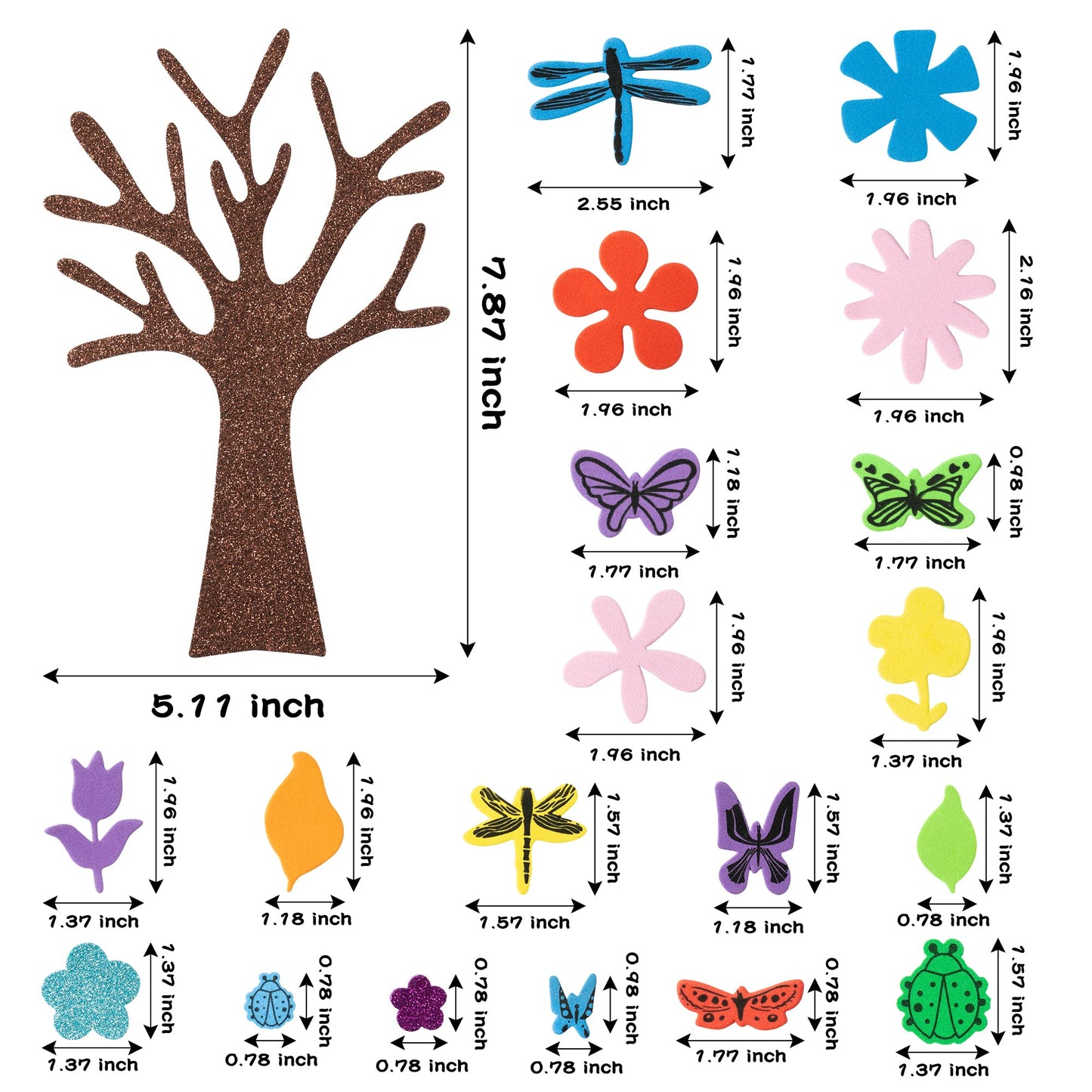 JAPBOR 86PCS Spring Tree Foam Craft Sticker, Springtime Glitter Flower Leaf Butterfly Self Adhesive Stickers, Make Your Own Spring Trees Party Decoration for Art Fun Home Classroom Activities