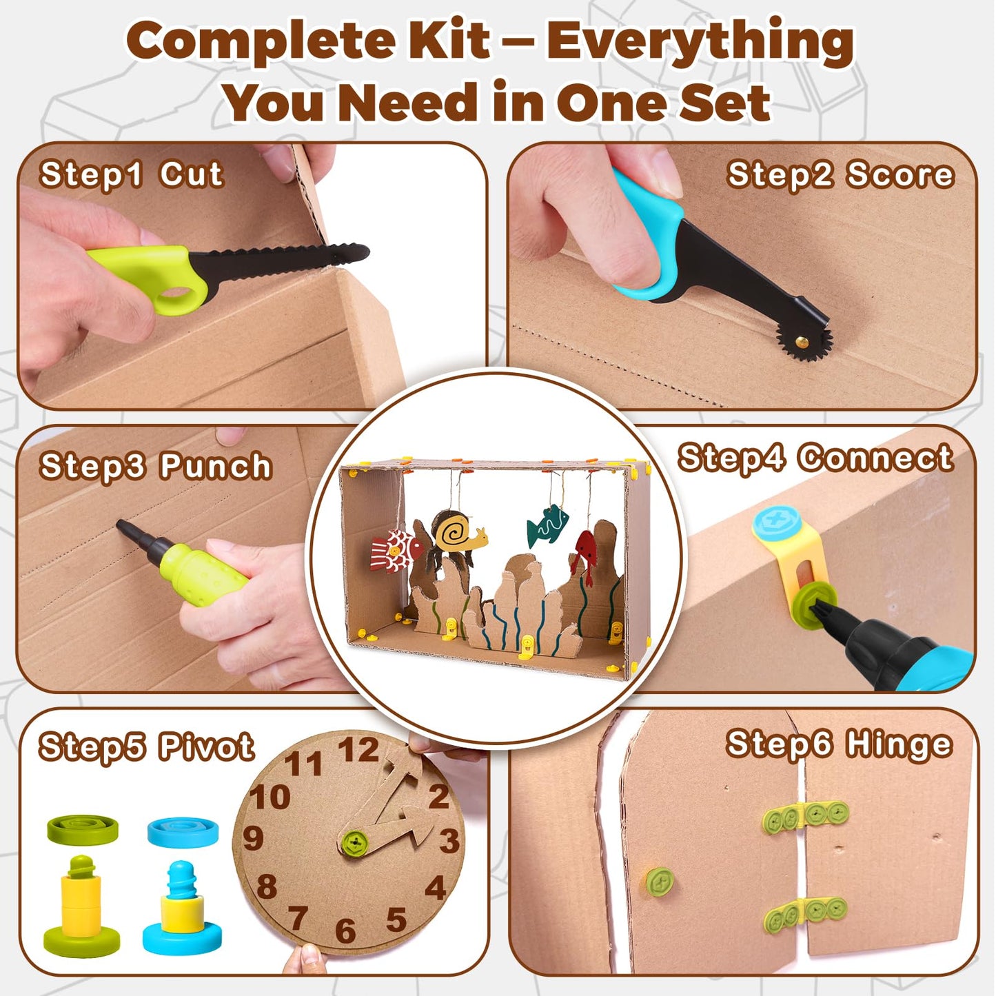 ZLemma Cardboard Construction Kit - 401 PCS Kids Building Set with Safe Serrated Cutter, Crease Roller, Screws & Nuts, STEM Upcycled Tool for DIY Cardboard Projects, Engineering & Creativity