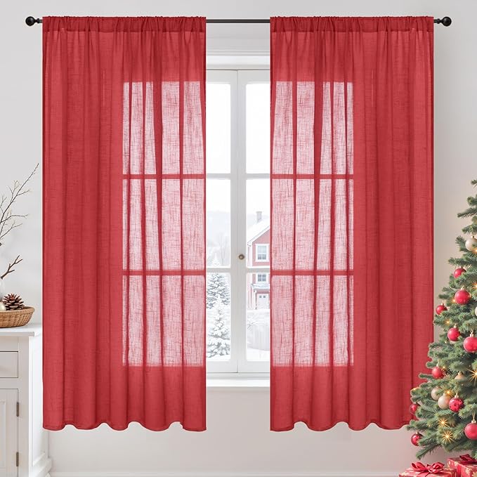 BGment Red Linen Curtains 63 Inches Long for Living Room, Semi Sheer Window Drapes Textured with Rod Pocket for Bedroom Dining Room Lightweight, 2 Panels Set, Each 52 Inch Wide
