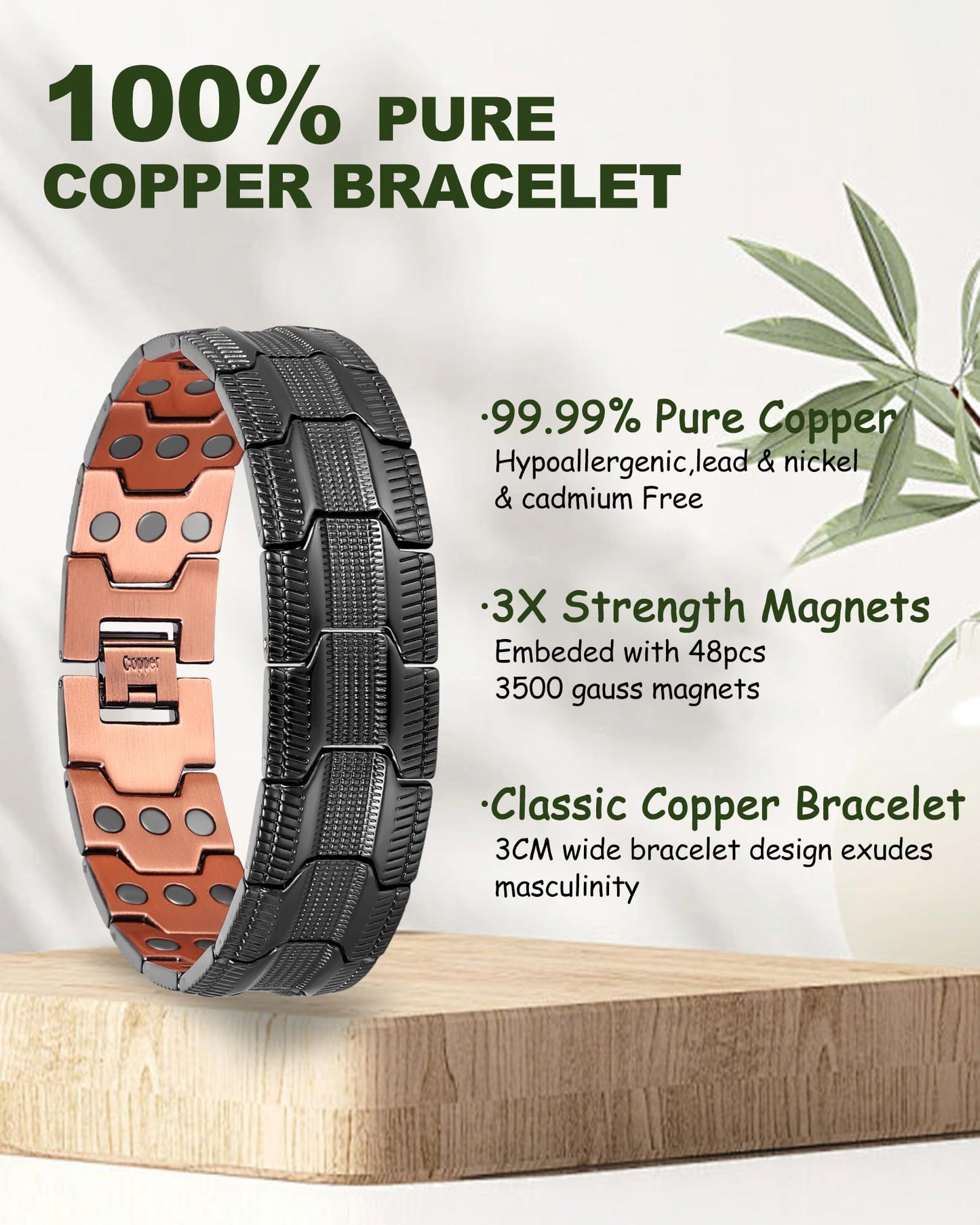 MagEnergy Copper Bracelet for Men, 3X Strength Magnetic Bracelet with 99.99% Pure Copper Ring & 3500 Gauss Magnets, Adjustable Length with Sizing Tool