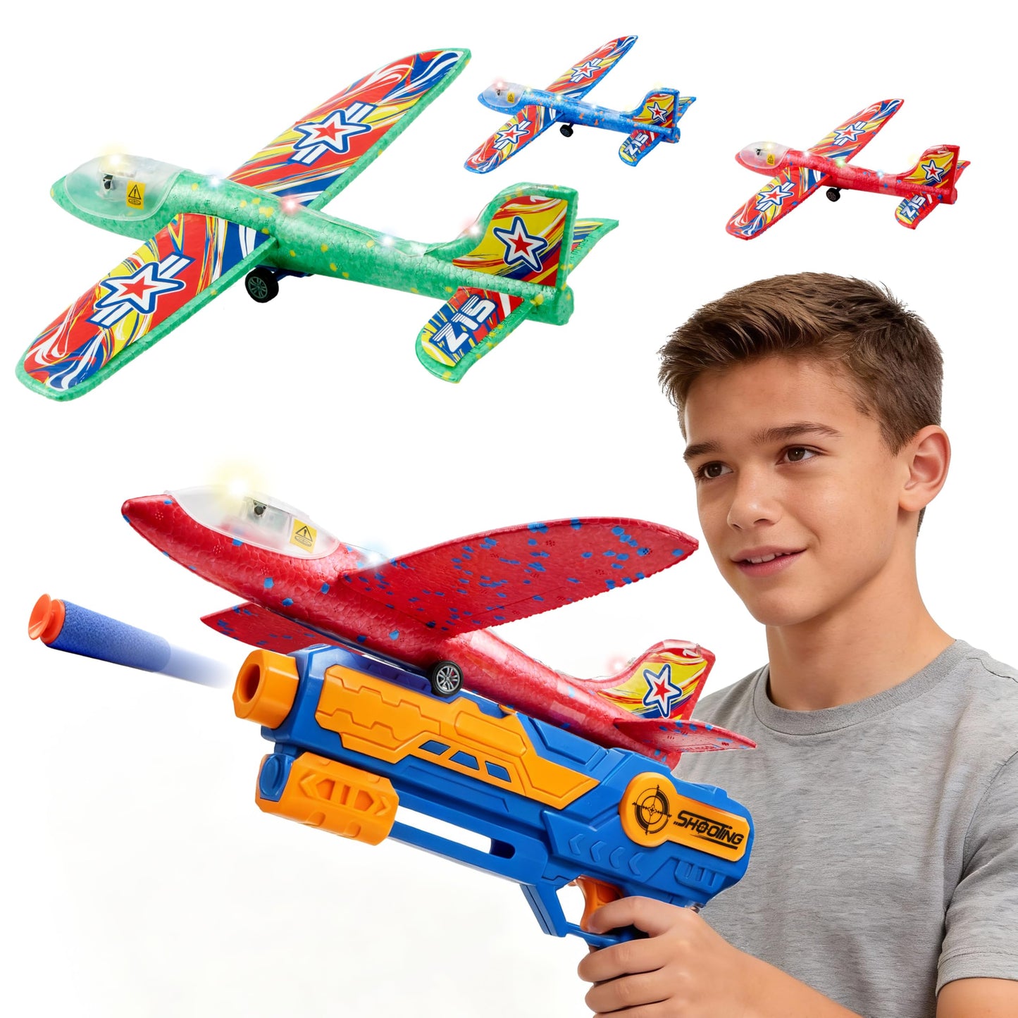 JOYIN LED Foam Glider Airplane Launcher Set, 3 Light-Up Flying Planes with 1 Handheld Launcher, Long Distance Outdoor Flying Game for Teens & Adults (14+)