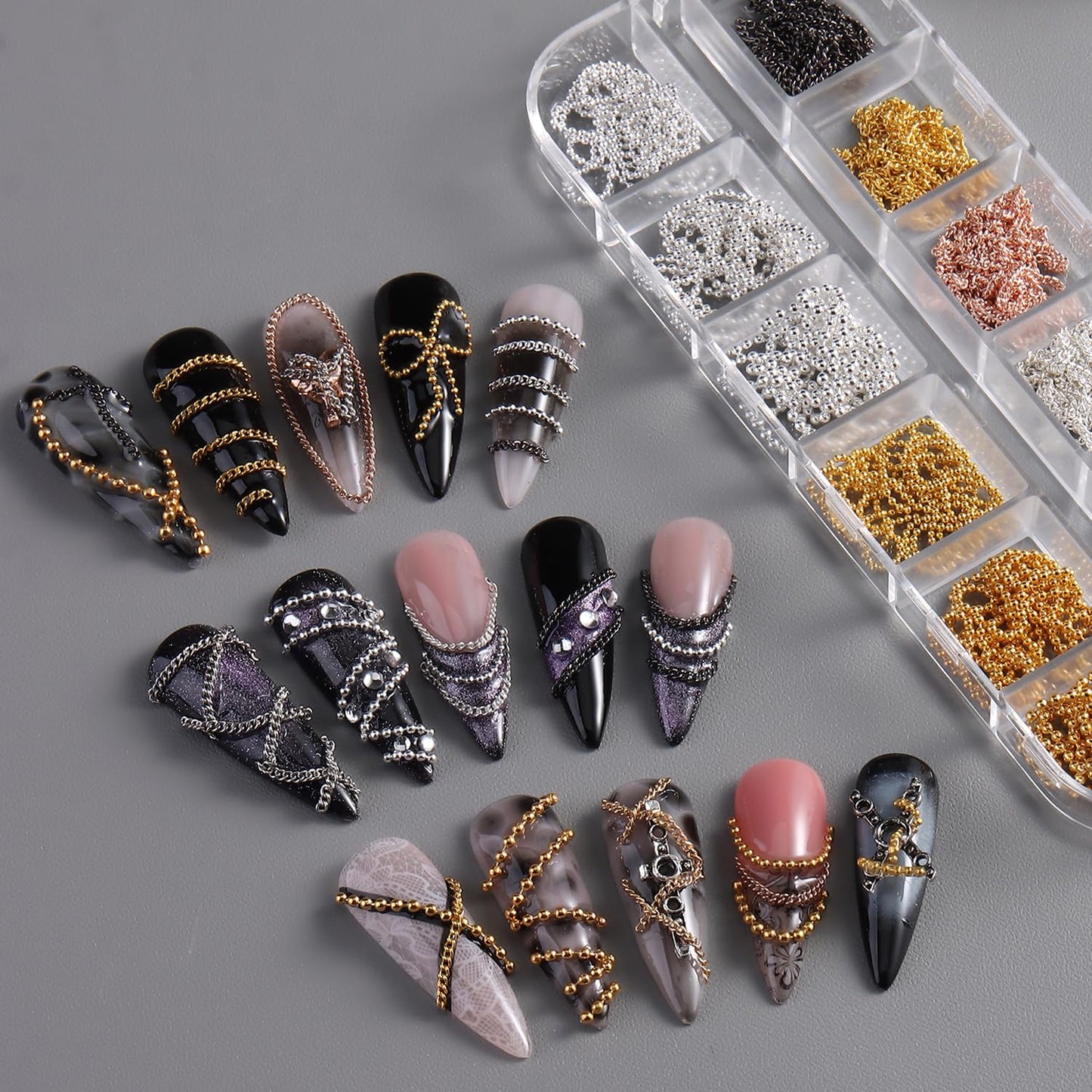 Furtherpretty 3D Chain Nail Charms Set, 12 Strips Rose Gold Silver Metal Bead Chains for Nails, Y2K Gothic Punk Dangle Nail Charms Piercing Decorations Accessories for DIY Home Manicure Supplies
