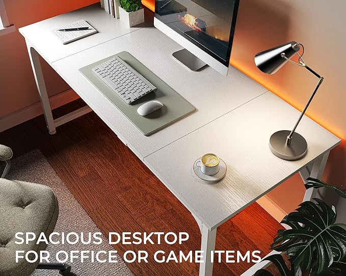 Huuger Computer Desk, 63 Inch Office Desk, Gaming Desk with Storage, Writing Desk Work Desk for Home Office, Study, Modern Simple Desk, Large Legroom, Metal Frame, White