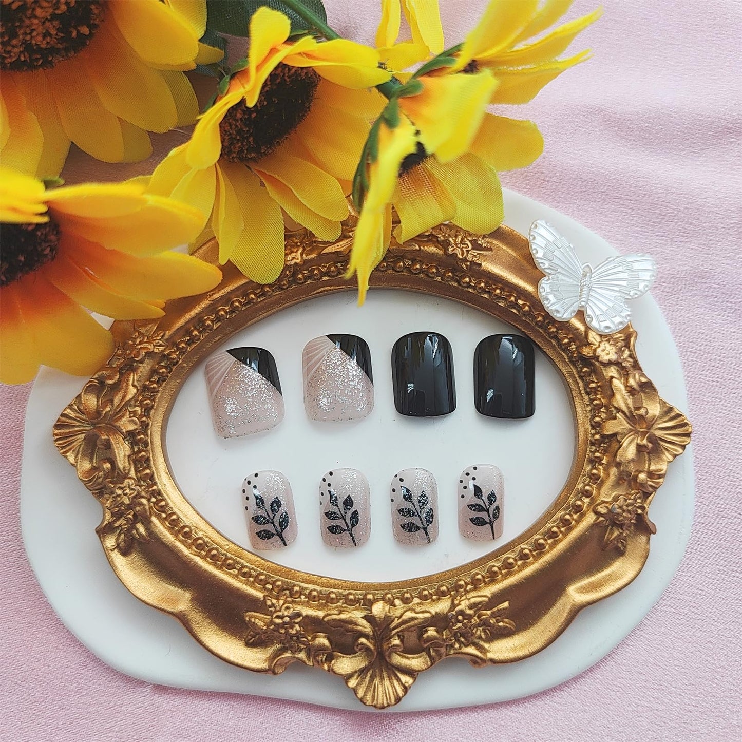 YOJIATOP Fall Press-on Nails - Short Square False Nails with Leaves & Glitter Designs, French Tip, Glossy Glue-on Nails - Black - 24 Pcs