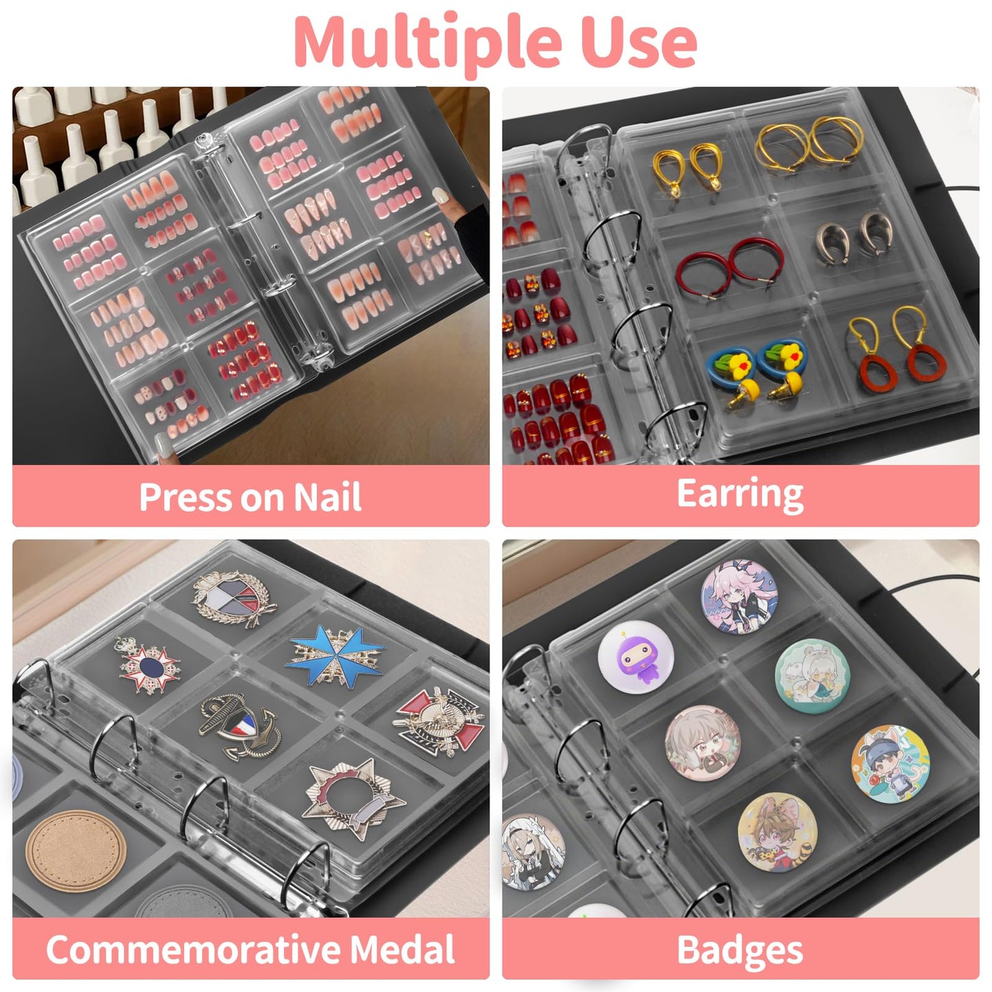CGBE Press On Nail Organizer: Upgraded Dust & Crush-Resistant Protection - Removable D-Ring Binder Pages - Press On Nail Storage with Nail Tape