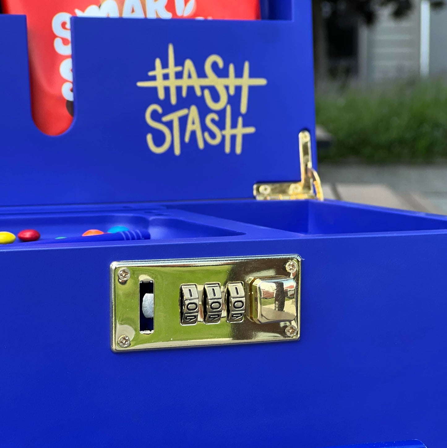 The OG Storage Box - Large Bamboo Box with Combination Lock, Magnetic Lid, Organizer Tray, Airtight Tube and 3 Jars - Discreet Decorative Locking Wooden Box with Accessories (Royal Blue/Gold)