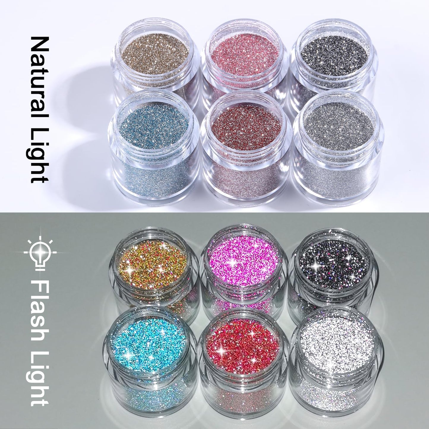 Furtherpretty Reflective Glitter Powder for Nails, 6 Colors Nail Sugar Loose Glitter Powder Set, Flash Sparkle Nail Art Dust in Pink, Silver & Champagne, DIY Manicure Accessories with Brush (#2 Flash)