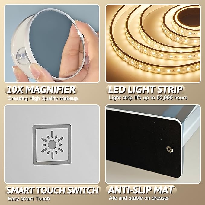 FENNIO Vanity Mirror with Lights, 12" x 16" Lighted Makeup Mirror with Smart Touch Control, 3 Color Modes & Brightness Adjustable, LED Makeup Mirror with 10X Magnification, 360° Rotation （Gold
