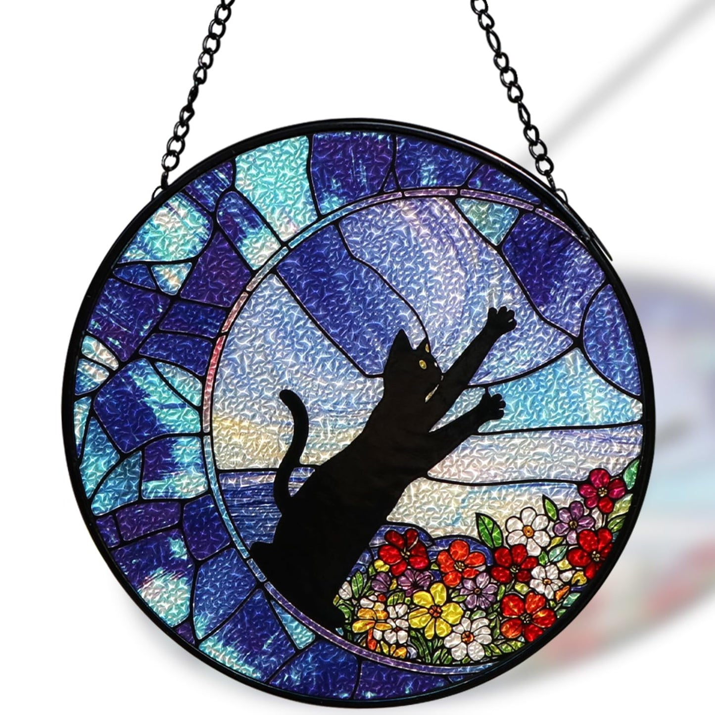 7.9" Stained Glass Window Hanging, Cute Black Cat & Wild Florals Suncatcher Diamond Glass Panel Hanging Home Decor Indoor Outdoor