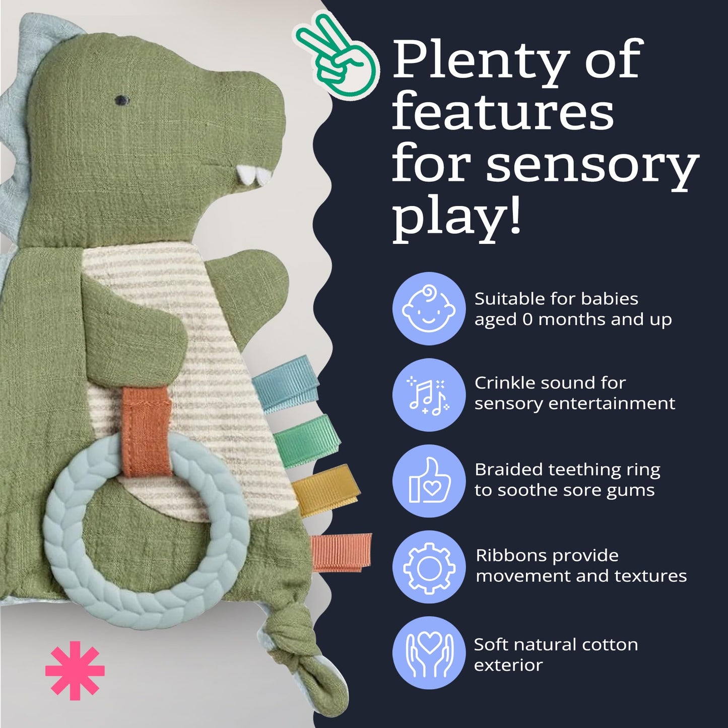 Itzy Ritzy - Bitzy Crinkle Sensory Toy Dinosaur with Crinkle Sound for Babies & Toddlers - Features Soft Braided Teething Ring & Textured Ribbons, Designed for Ages 0 Months and Up, Dinosaur