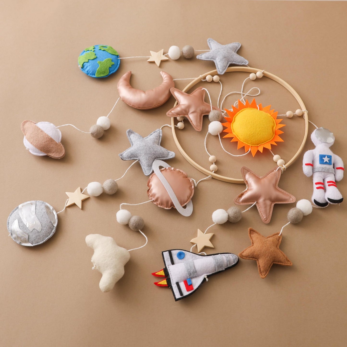 Baby Mobile for Crib – Handmade Space Baby Crib Mobile with Astronaut, Rocket & Planets, Nursery Mobiles Felt & Leather Hanging Toy with Beech Wood Ring, Mobile for Crib Bassinet Decor