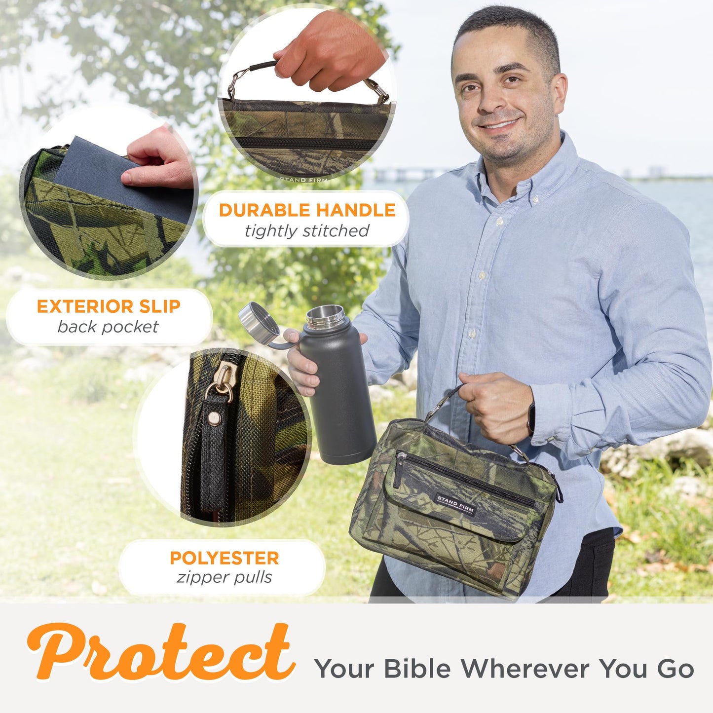 Christian Art Gifts Stand Firm Oak Moss Camo Poly-Canvas Organizer Bible Cover - 1 Corinthians 16:13, Large