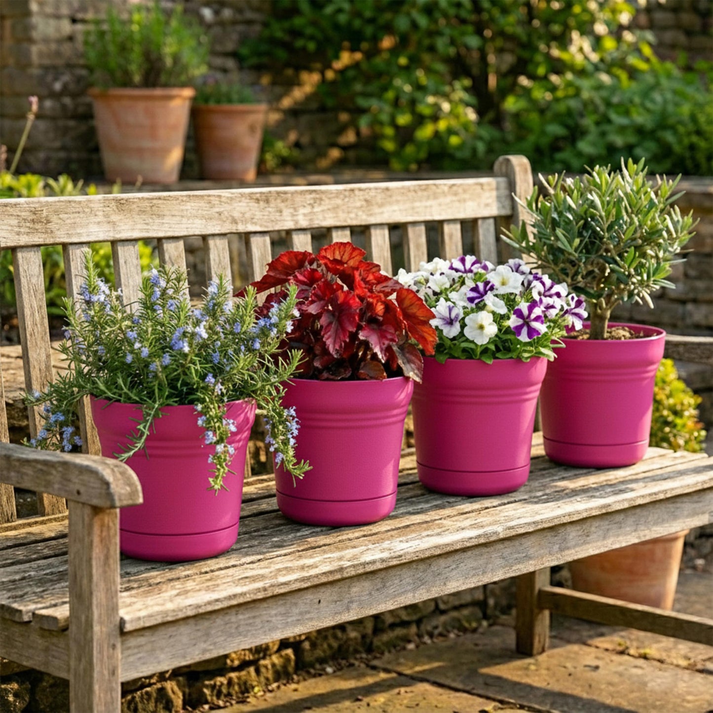 Bloem Saturn 5" Round Plastic Planter - Indoor/Outdoor, Snap-in Saucer & Drainage Holes, Fuchsia, 4-Pack