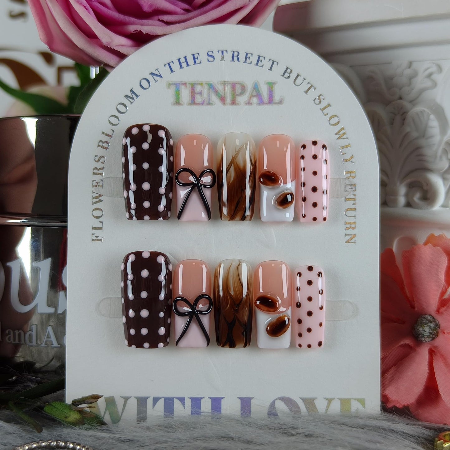 TENPAL Pink Coffee French Tip Press on Nails Medium Square, Polka Dot Ombre 3D Coffee Bean Cute Sweet Girly Reusable Salon False Nails for Daily Wear 10PCS(L)