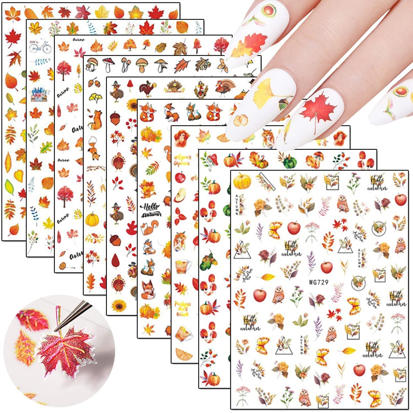 9 Sheets Thanksgiving Nail Art Stickers with 8 Sheets Flowers Nail Art Stickers