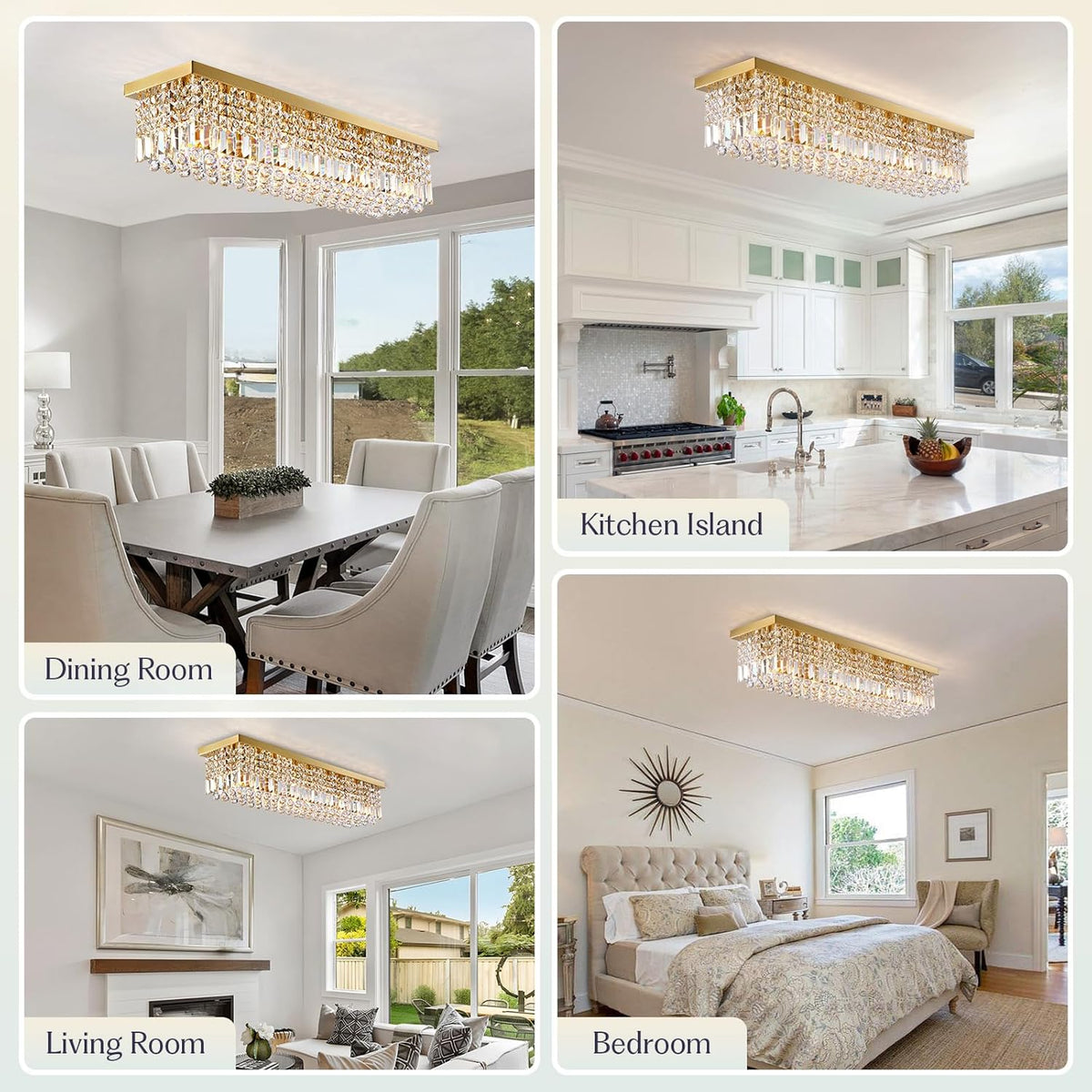 Rectangle Chandelier 8-Light Crystal Chandeliers, Modern Dining Room Light Fixture Luxury Gold Rectangular Flush Mount Chandelier Ceiling Light for Dining Room Living Room Kitchen Island Bar L40 Inch