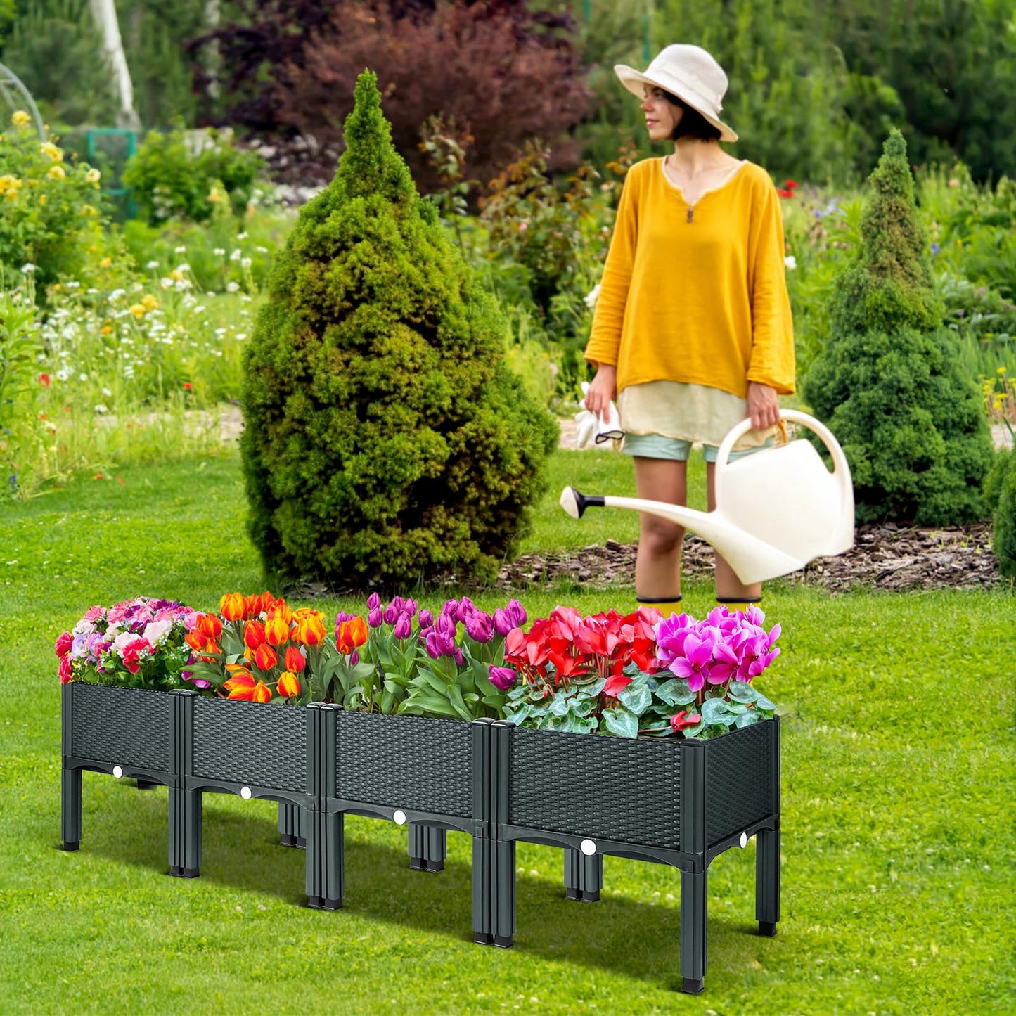 MAYOLIAH Raised Garden Bed with Legs 16.5" H Elevated Planter Box, Plastic Raised Beds for Gardening Vegetables Herb Flowers, Perfect for Indoor Outdoor Planting, 4 Boxes