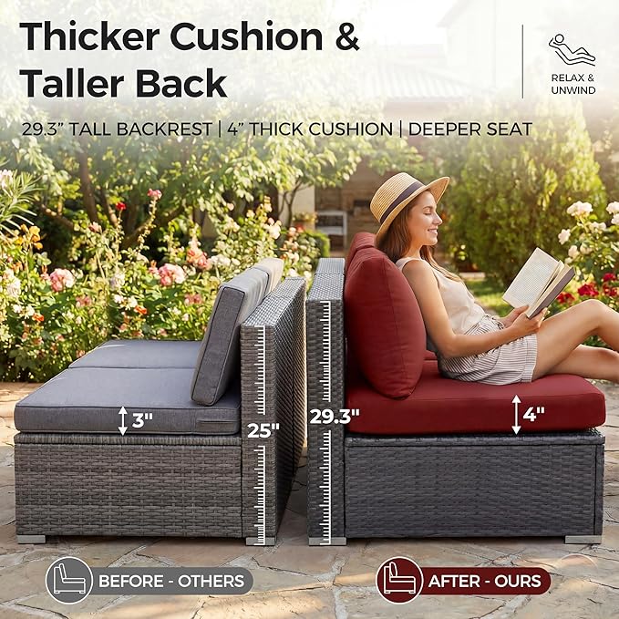 NICESOUL 8 Piece Modern Patio Couch Set, 29.3'' High Back Oversized Wicker Outdoor Sectional Furniture with Ottoman, Wide Seating Comfy Conversations for Backyard Deck, 2 Color Cushion Wine & Gray